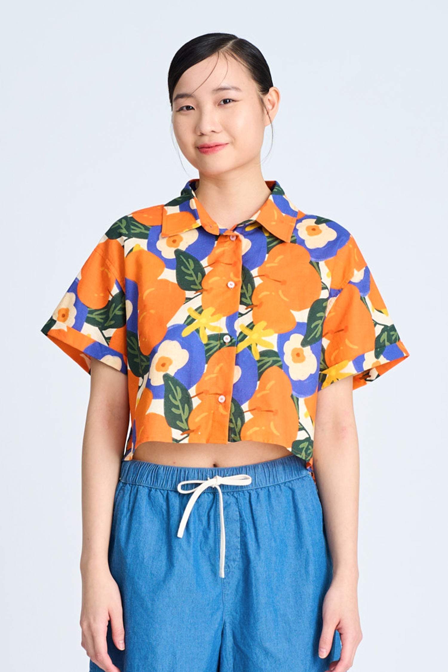 Floral Button Blouse - Floral Tangerine