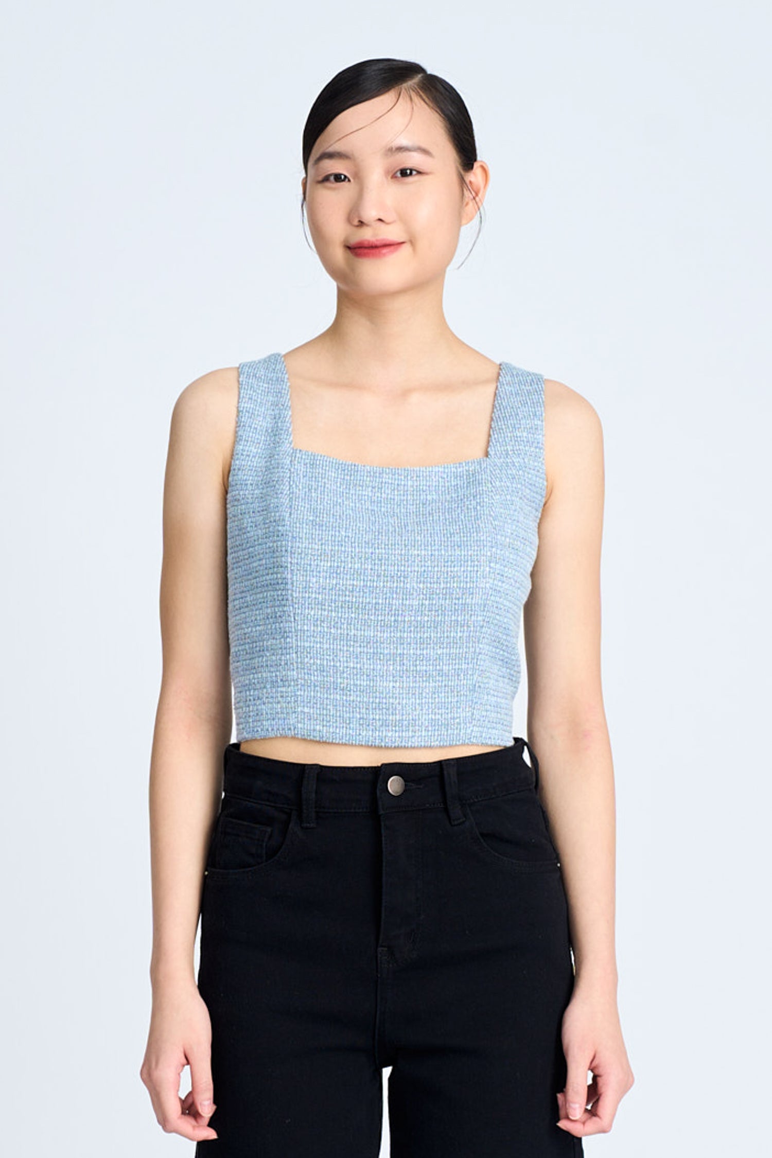 Tweed Square Neck Top - Dusty Blue