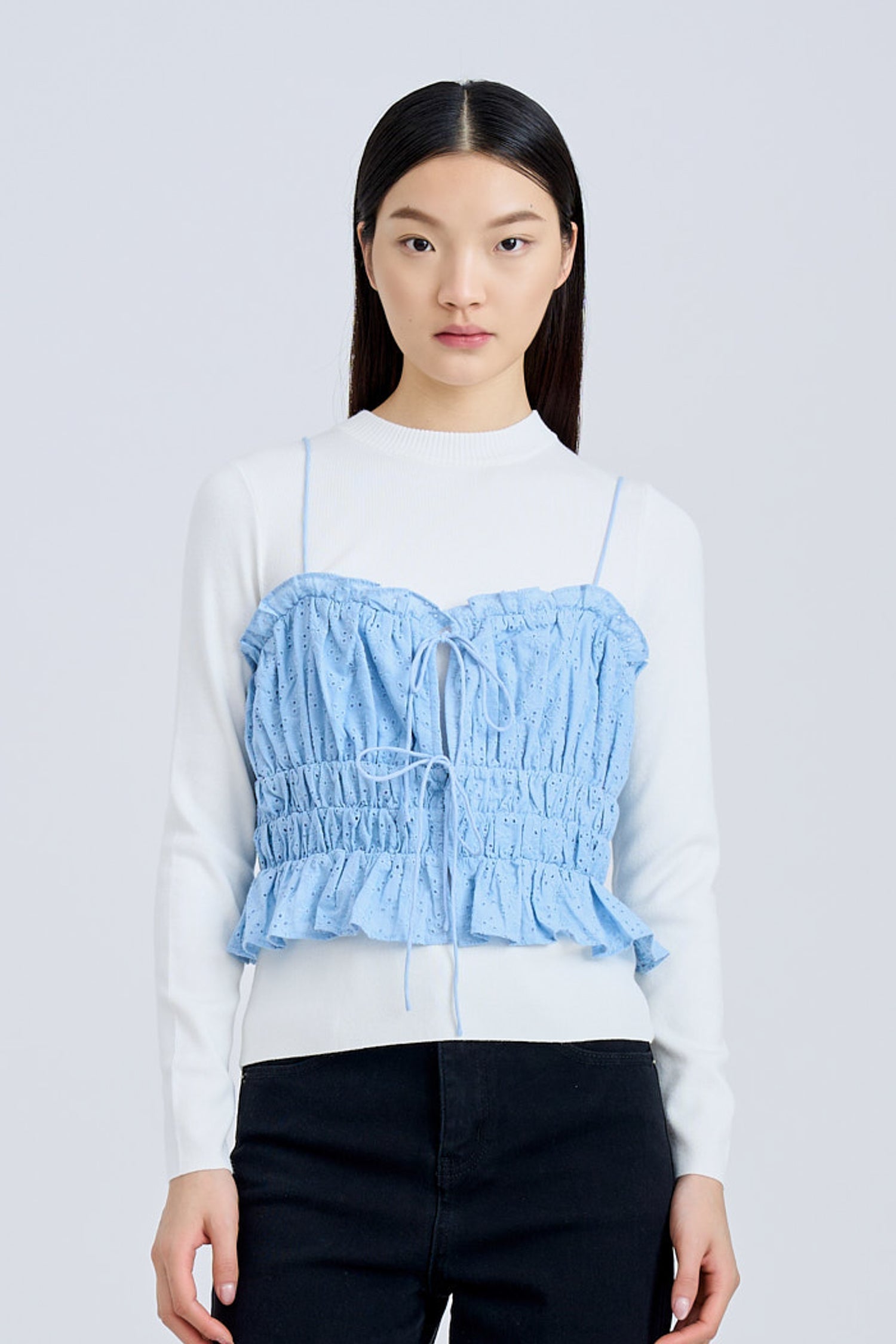 Ruffle Elasticised Ruched Top - Sky Blue