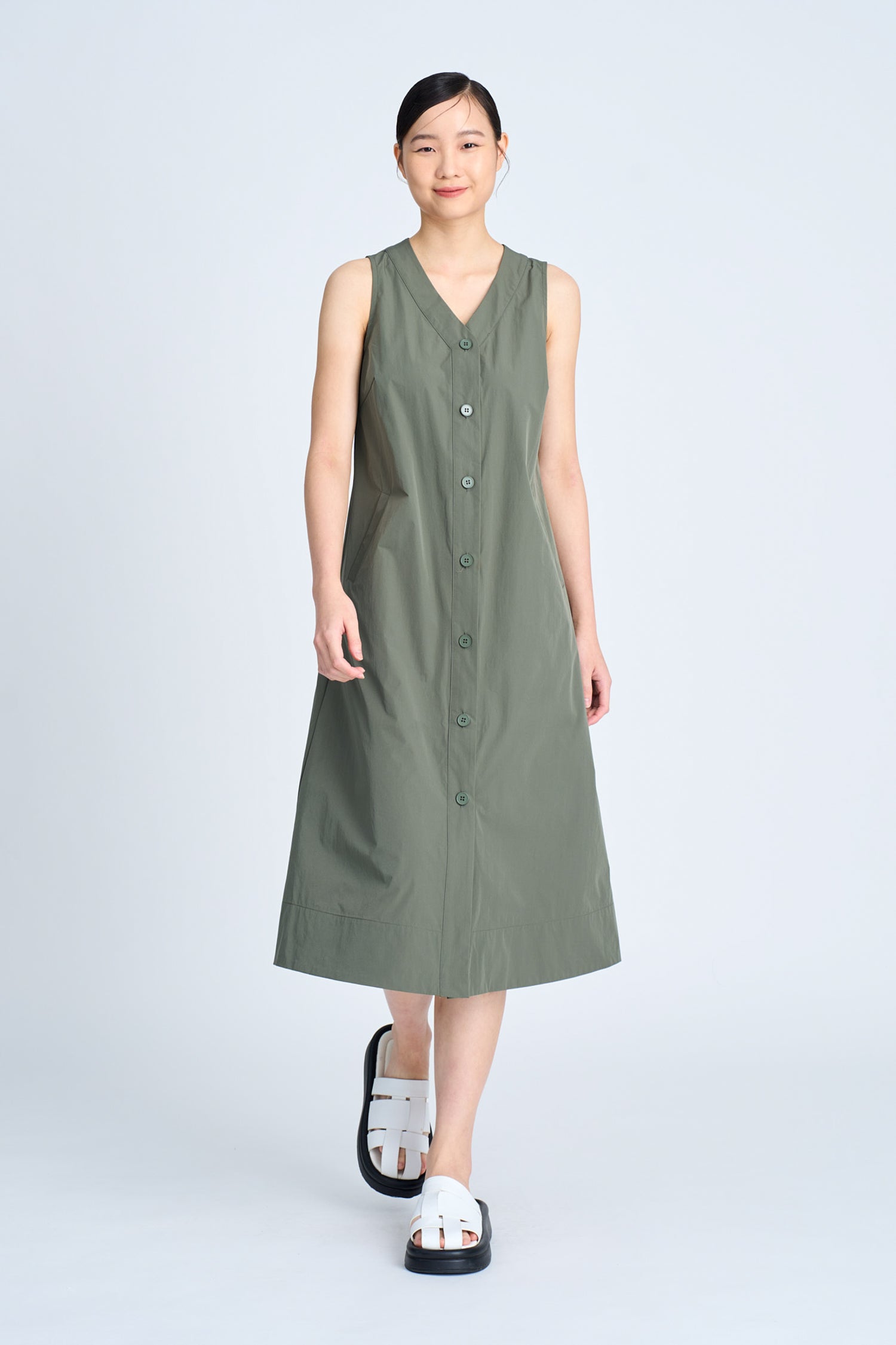 V-Neck Button Down Dress - Khaki Green