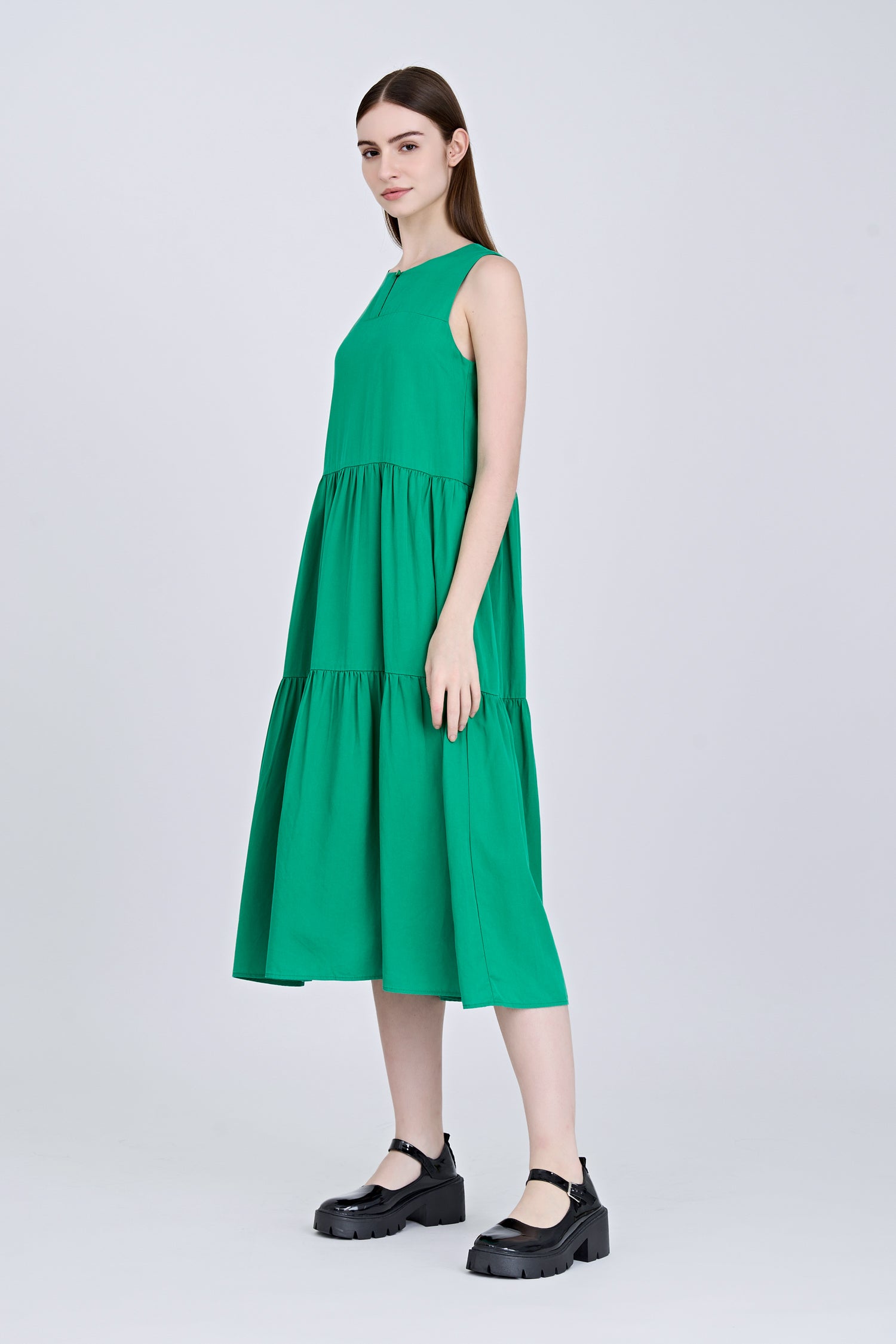 Sleeveless Gathered Tier Dress - Green