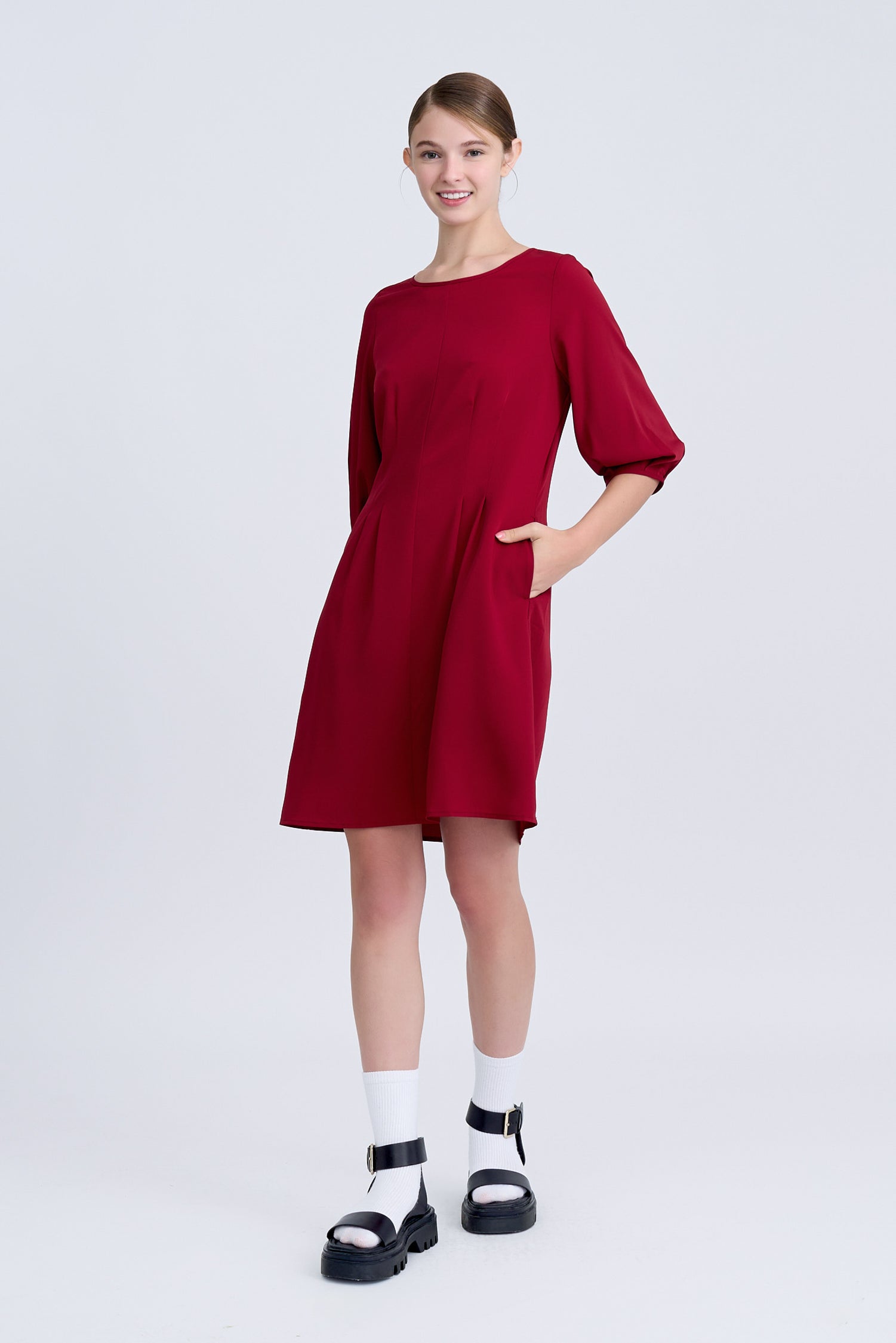 Pleated Flare Dress - Burgundy