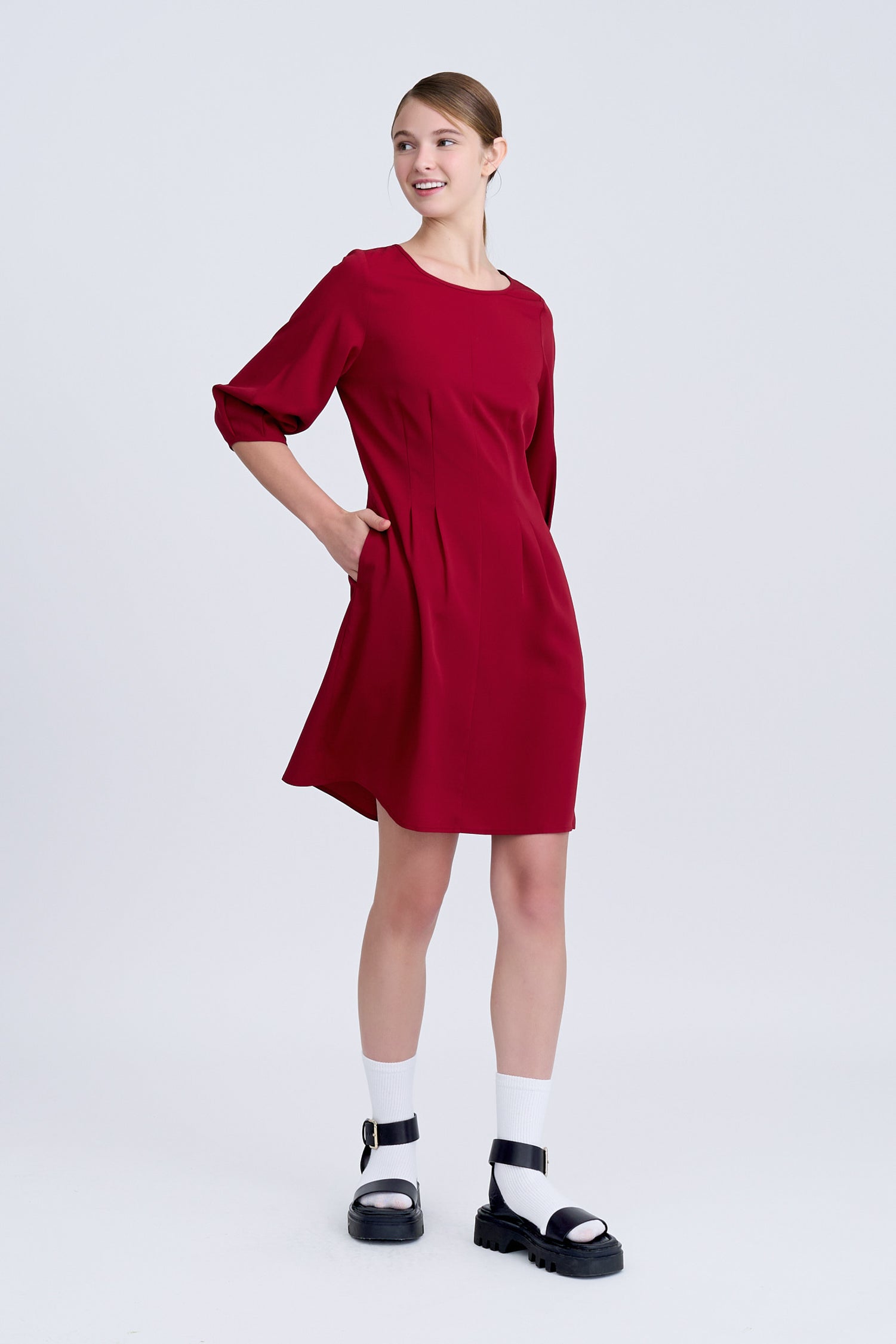 Pleated Flare Dress - Burgundy