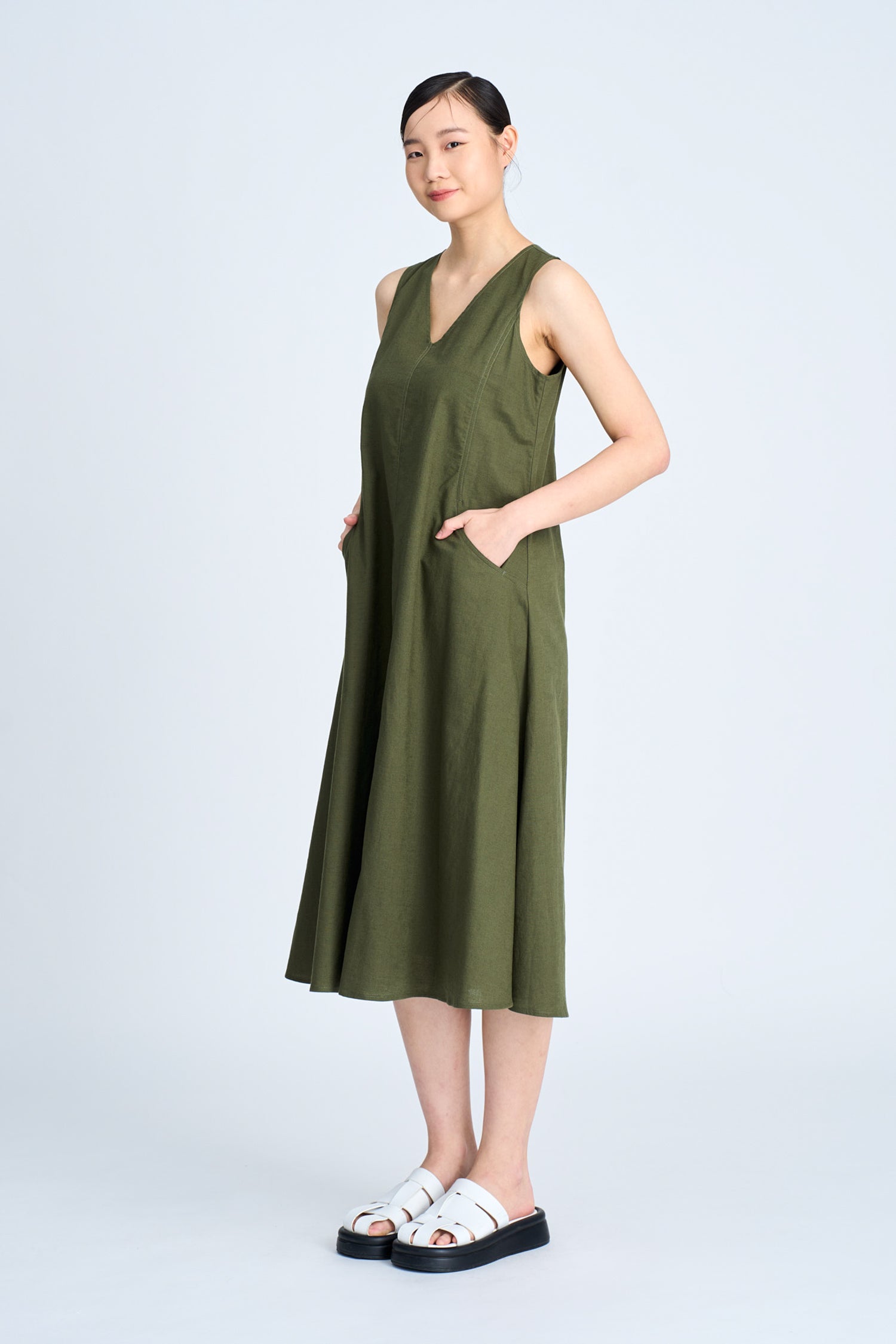 Panelled Sleeveless Dress - Army Green