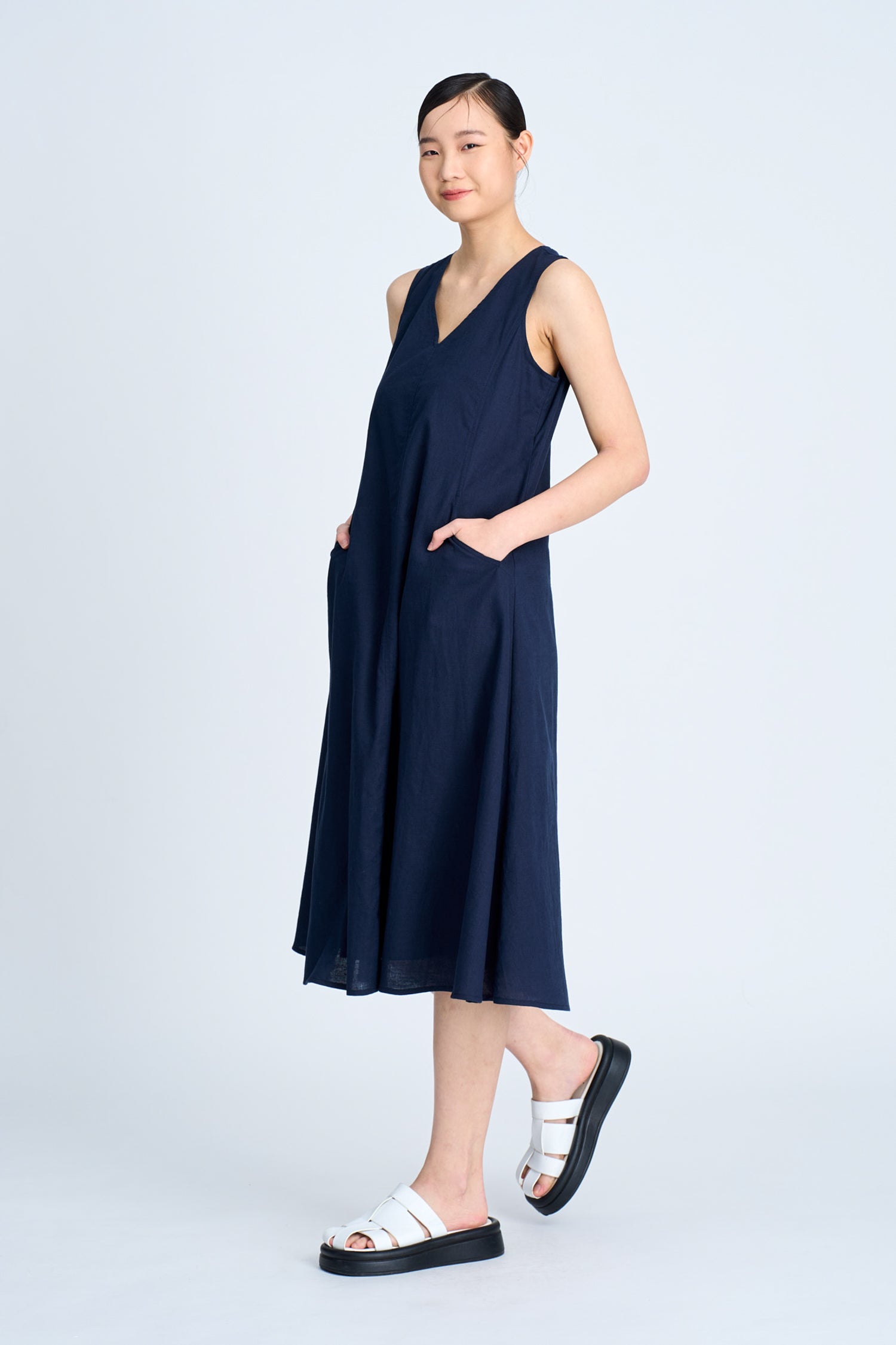 Panelled Sleeveless Dress - Navy