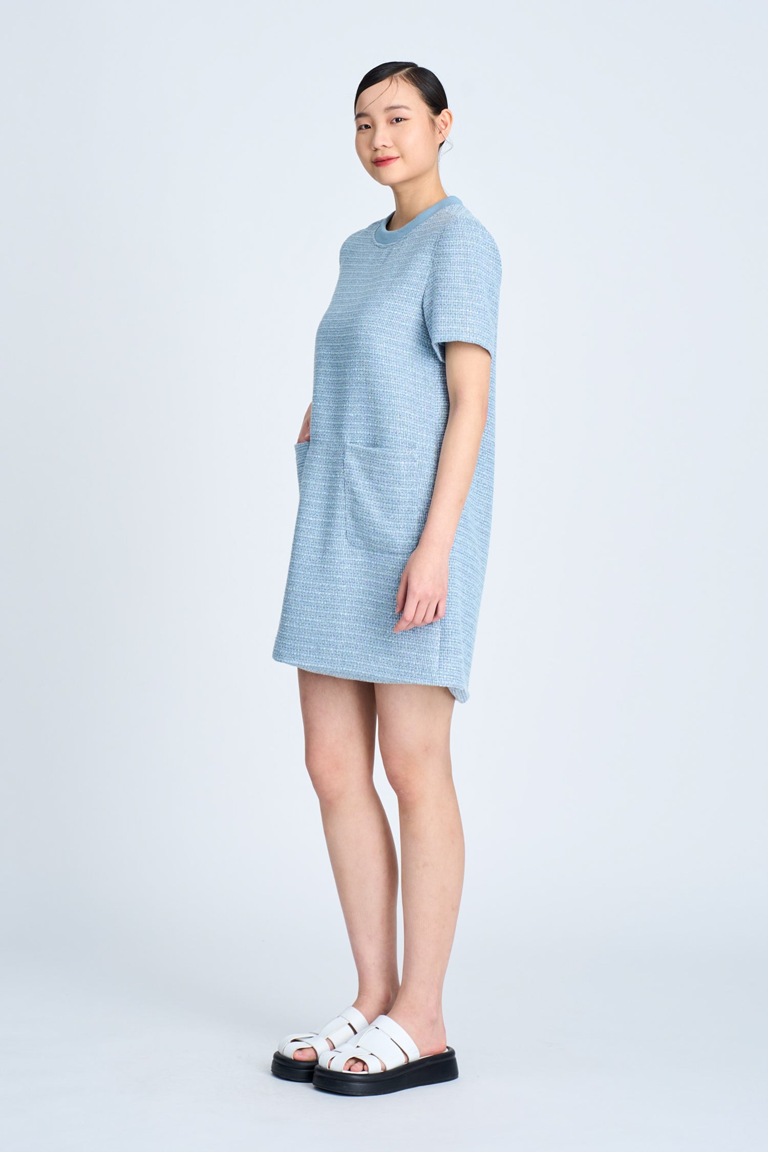 Tweed Short Sleeve Dress - Dusty Blue