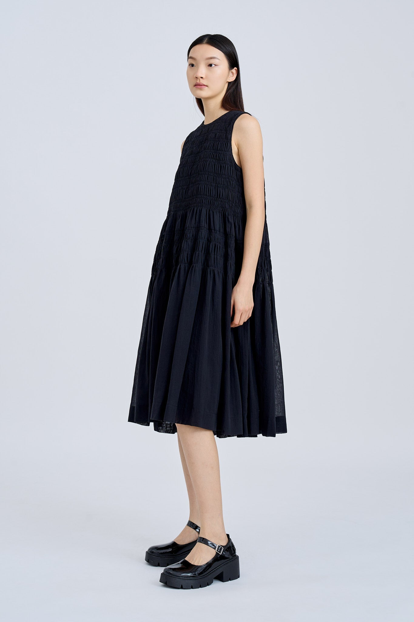 Sleeveless Smocked Dress - Black