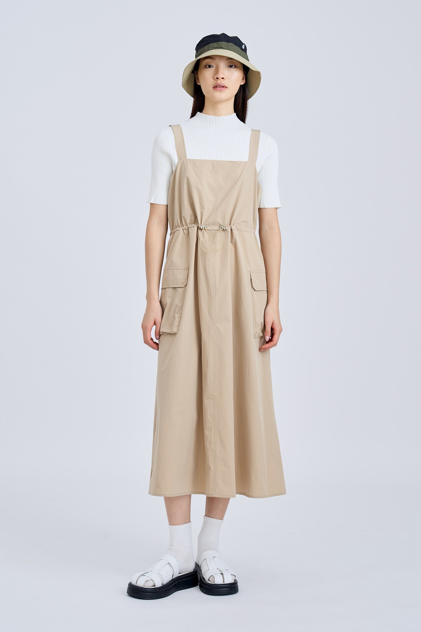 Drawstring Cargo Pinafore - Khaki