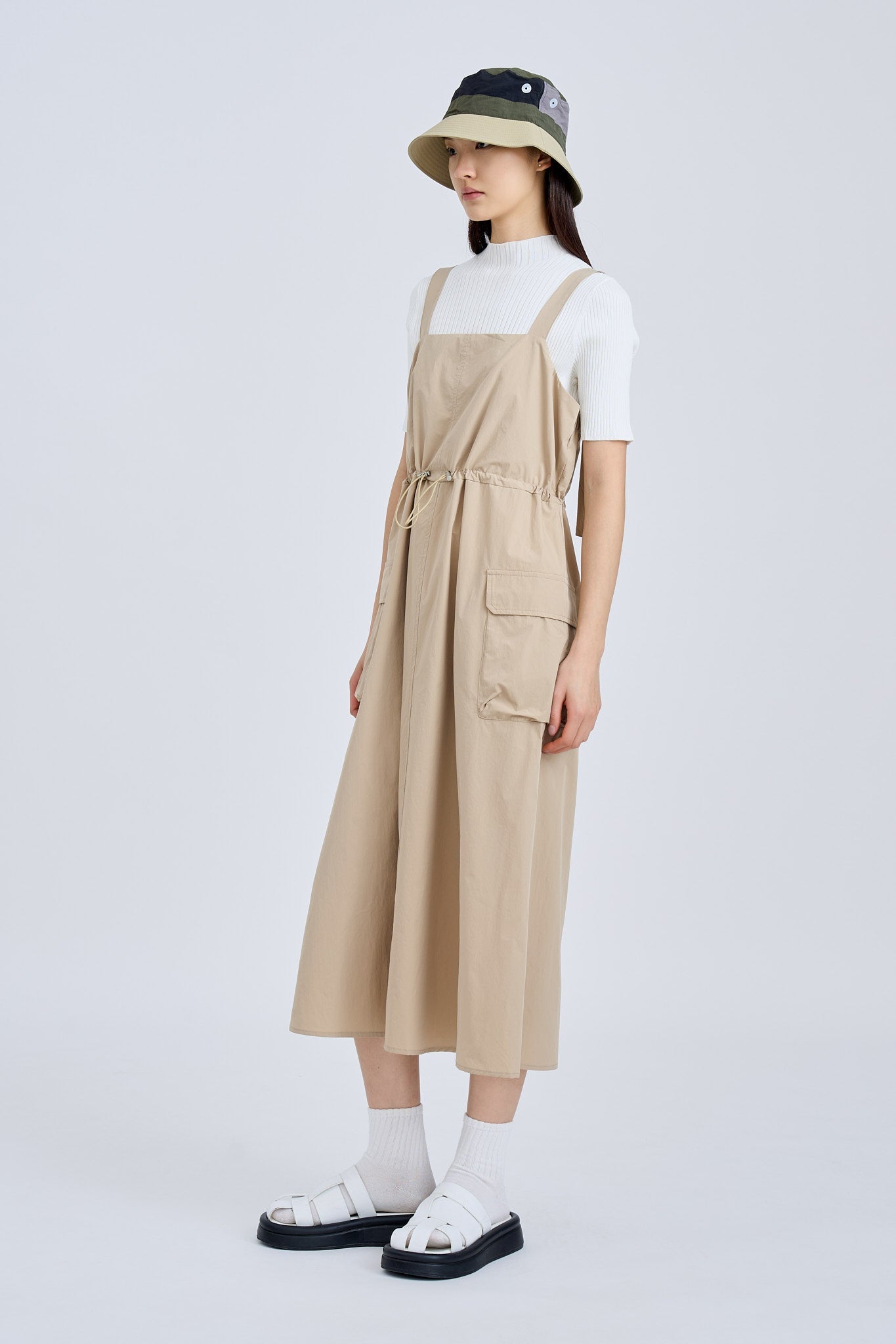 Drawstring Cargo Pinafore - Khaki