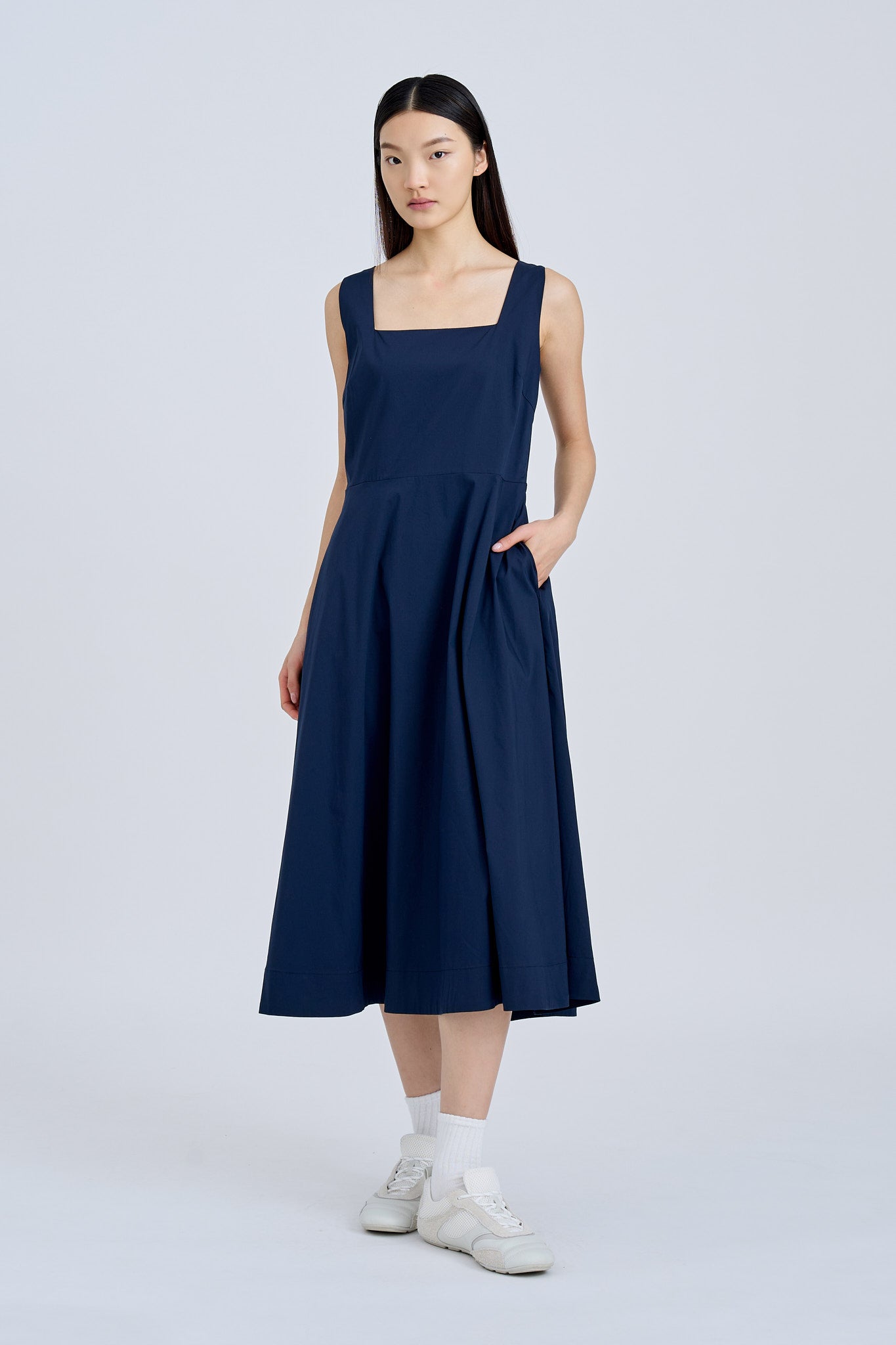 Square Neck Flare Dress - Navy