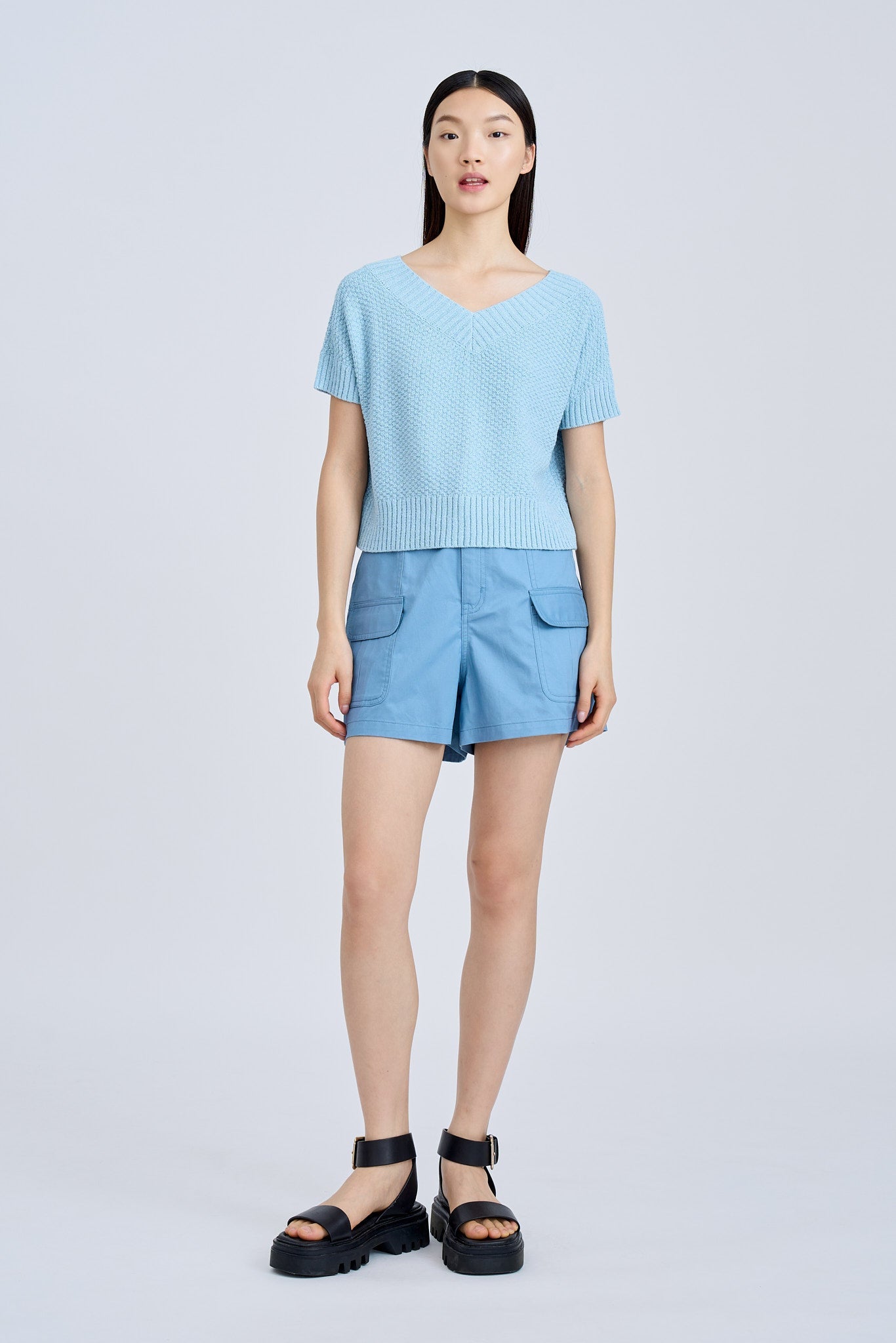 Knitted Cap Sleeve Two Way Top - Sky Blue