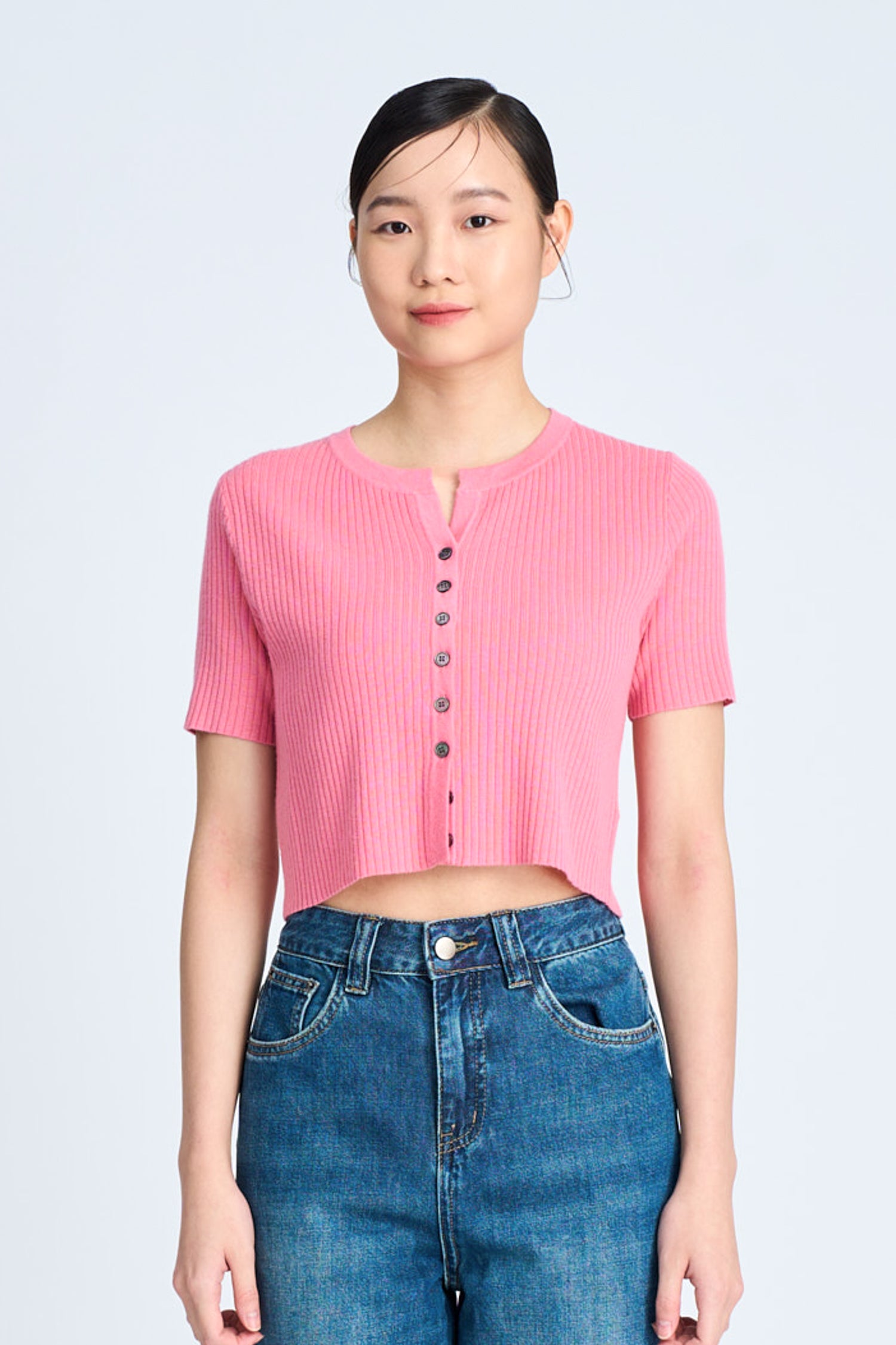 Knitted Button Front Top - Dusty Pink