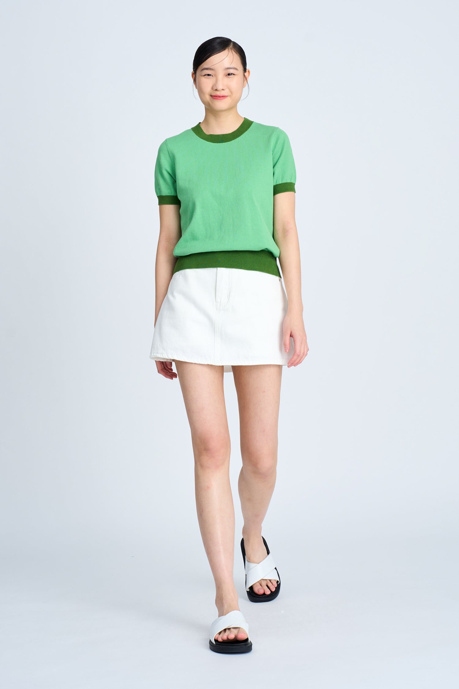 Knitted Contrast Collar Top - Clover Green