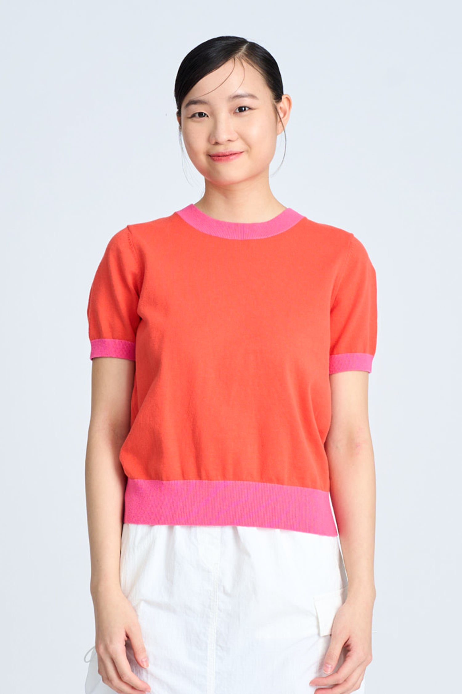 Knitted Contrast Collar Top - Vermillion