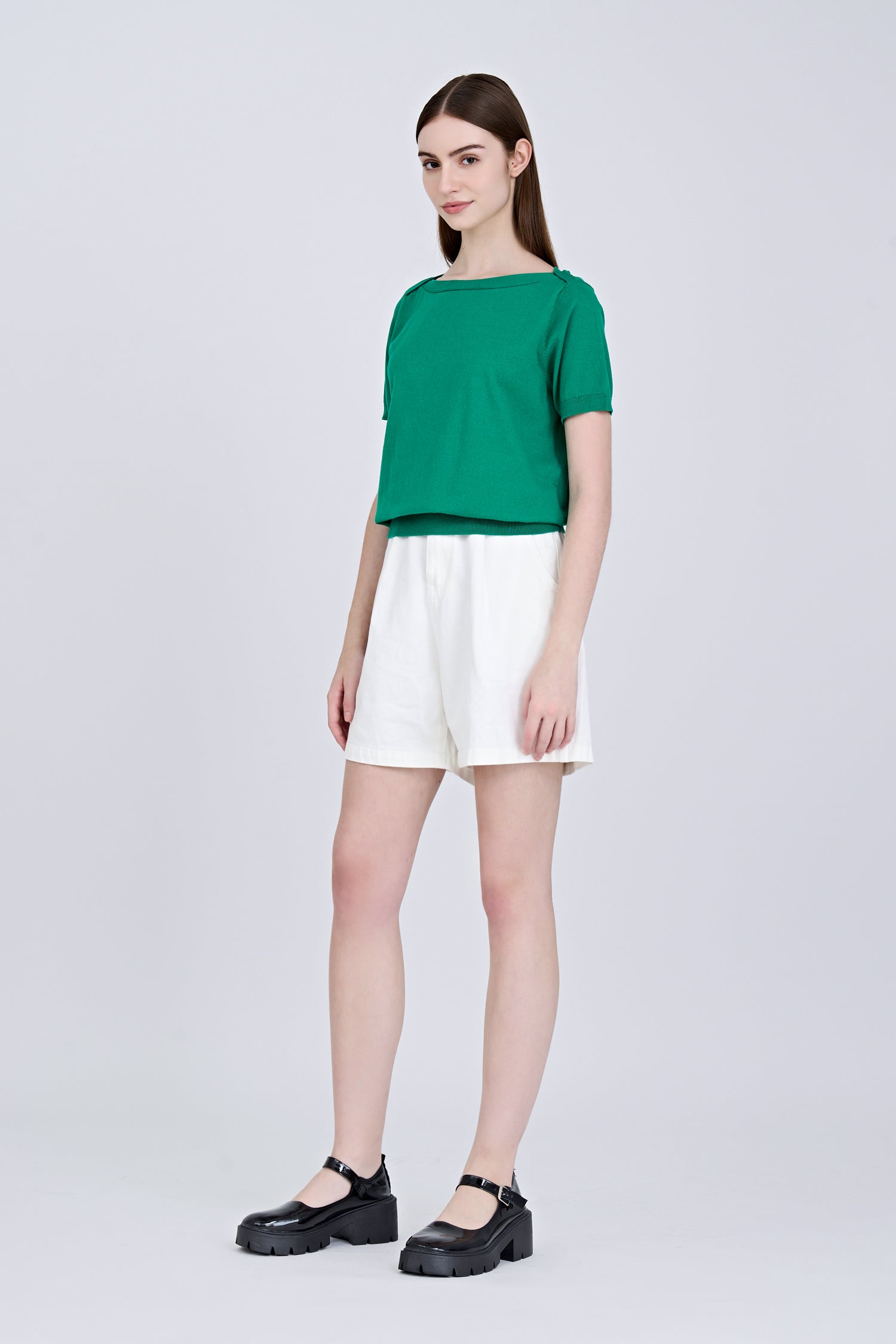 Knitted Boat Neck Top - Green