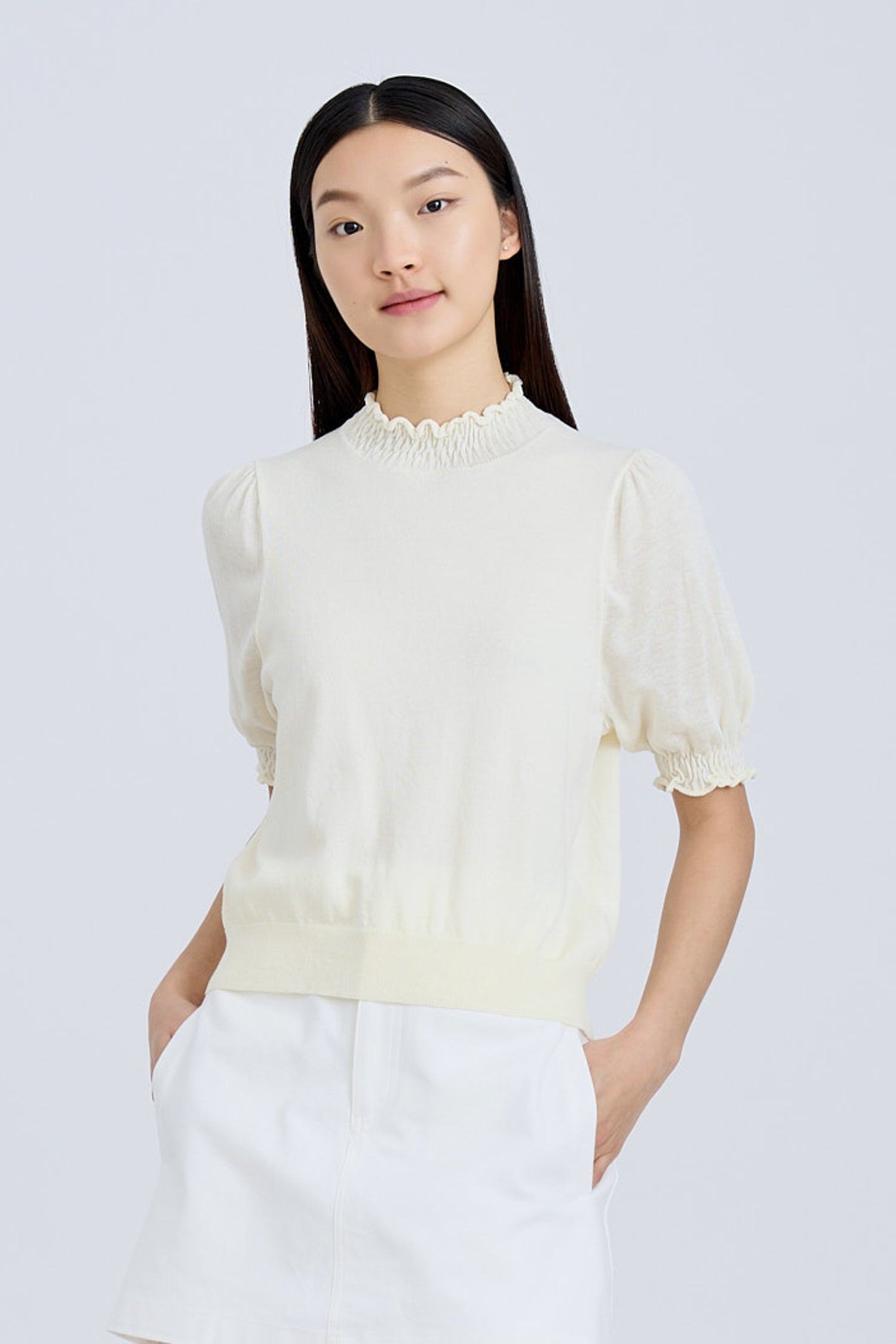 Knitted Smocked Collar Top - Cream