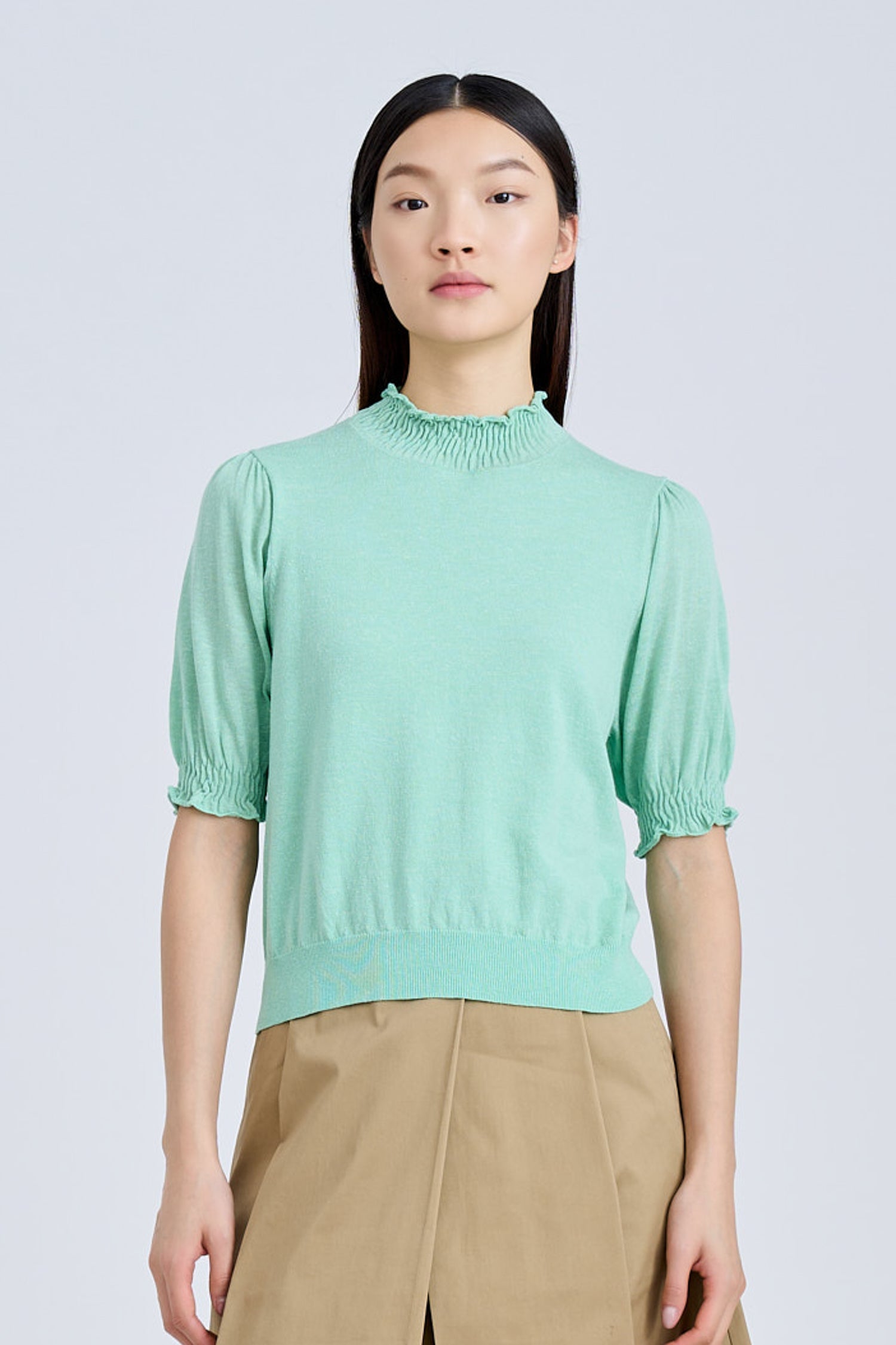 Knitted Smocked Collar Top - Ice Green