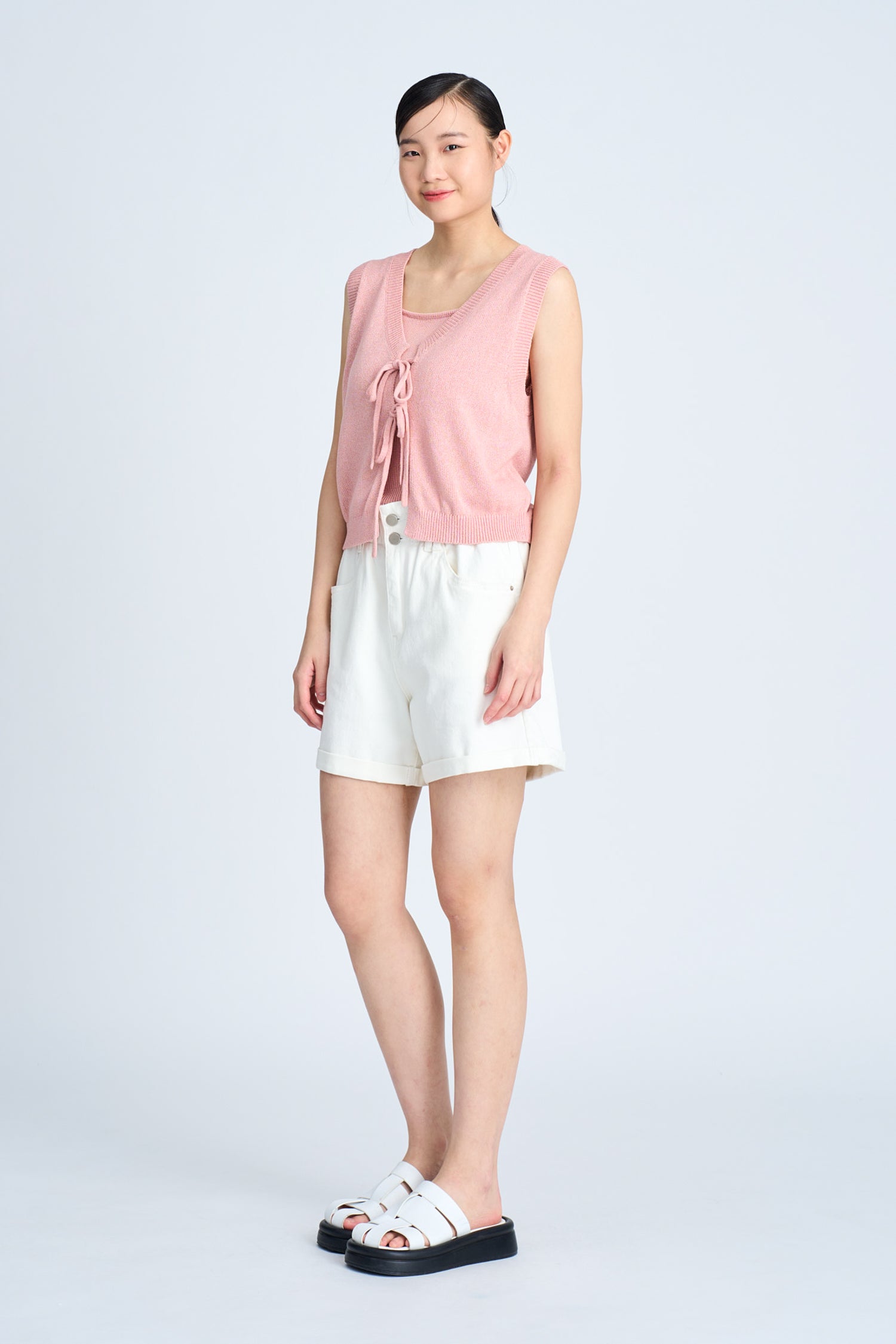 Knitted Bow Open Front Top - Blush