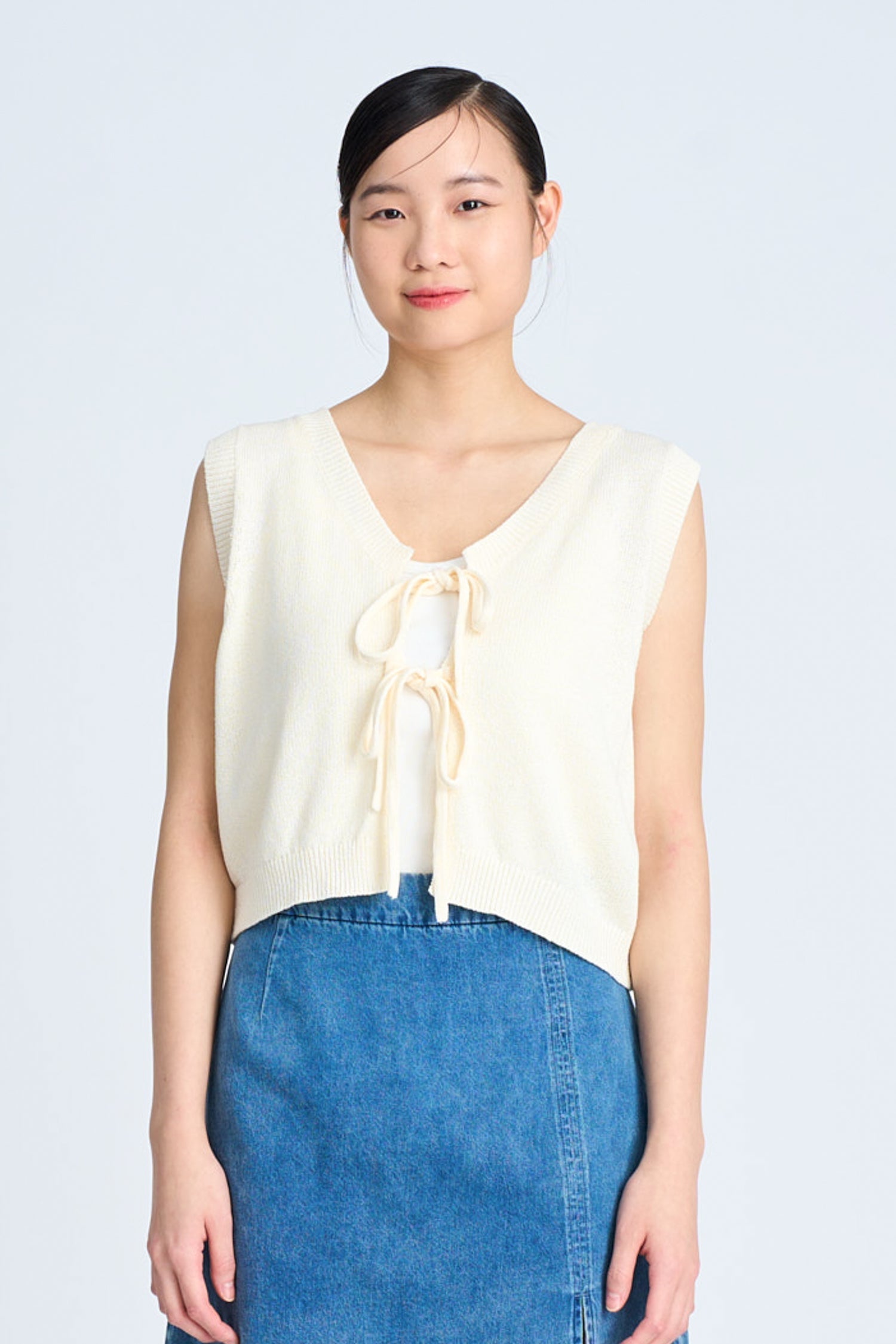 Knitted Bow Open Front Top - Sand