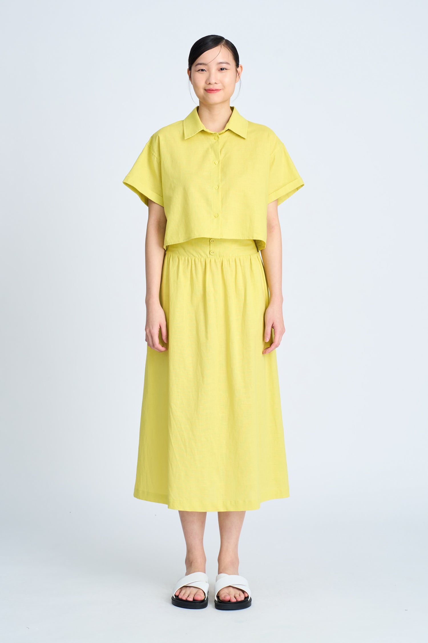 Gather Button Front Skirt - Chartreuse