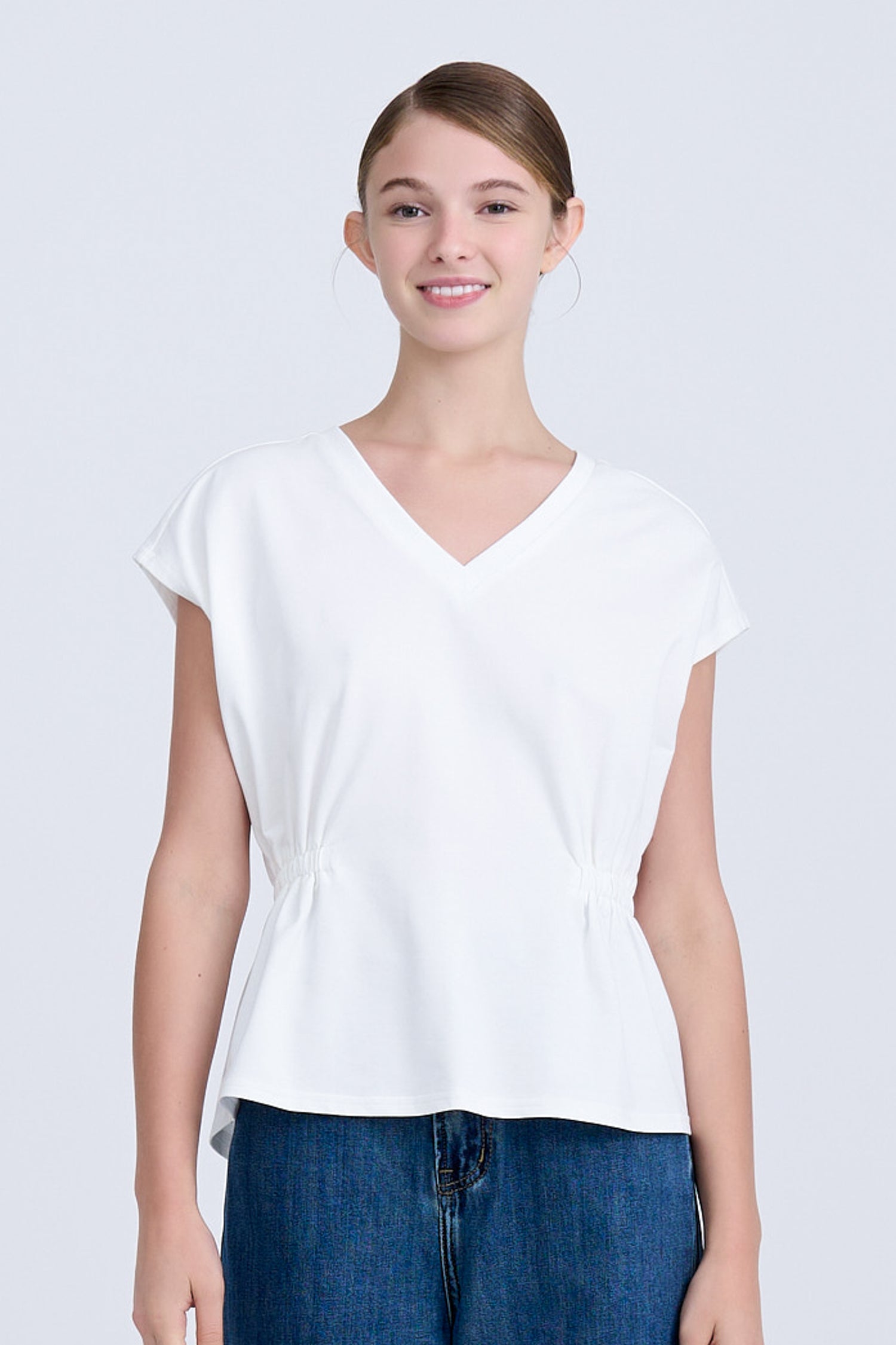 Elasticated Waist V-Neck Tee - Cream