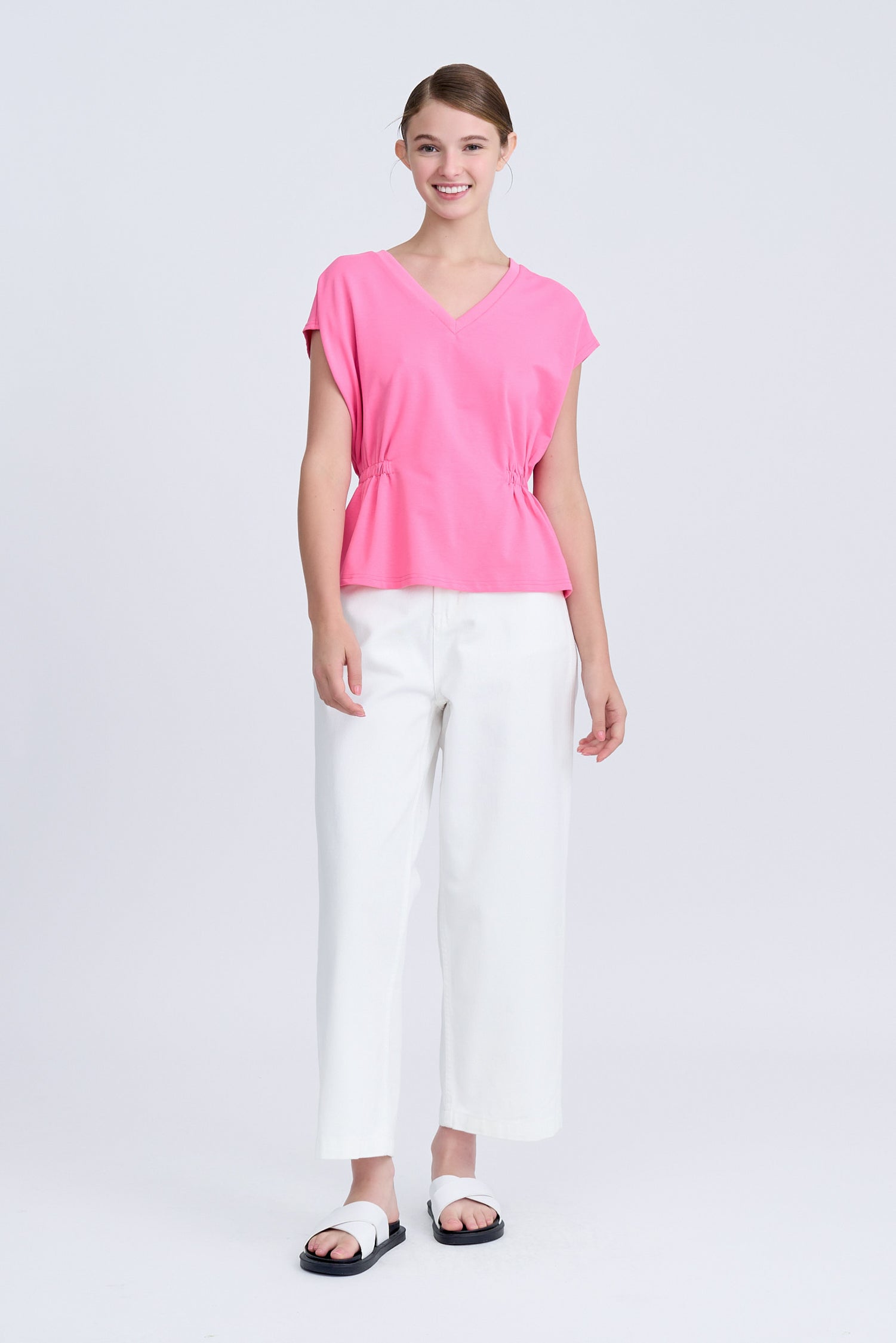 Elasticated Waist V-Neck Tee - Pink