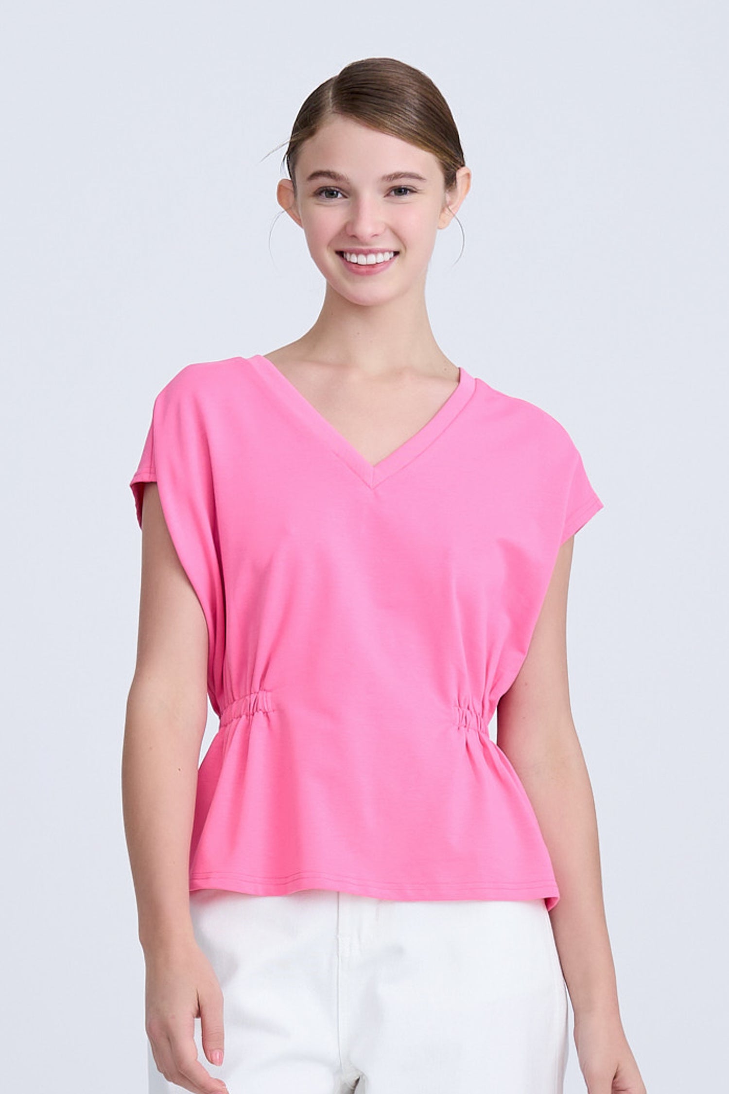 Elasticated Waist V-Neck Tee - Pink