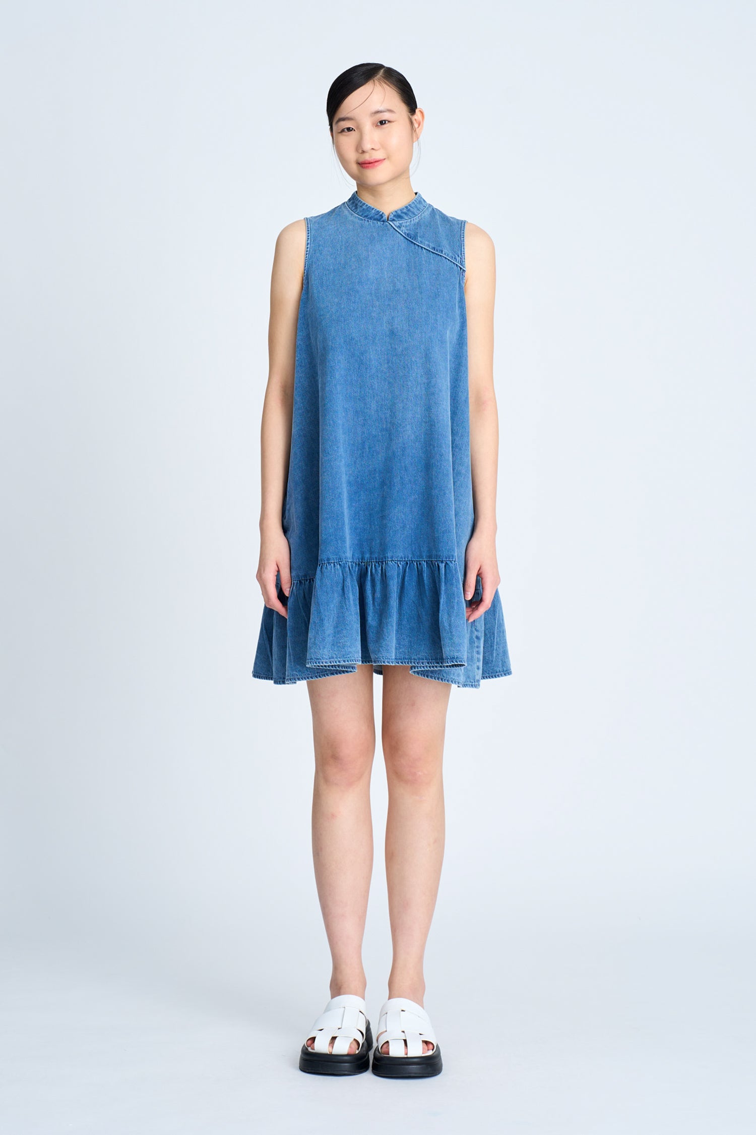 Denim Mandarin Collar Dress - Denim