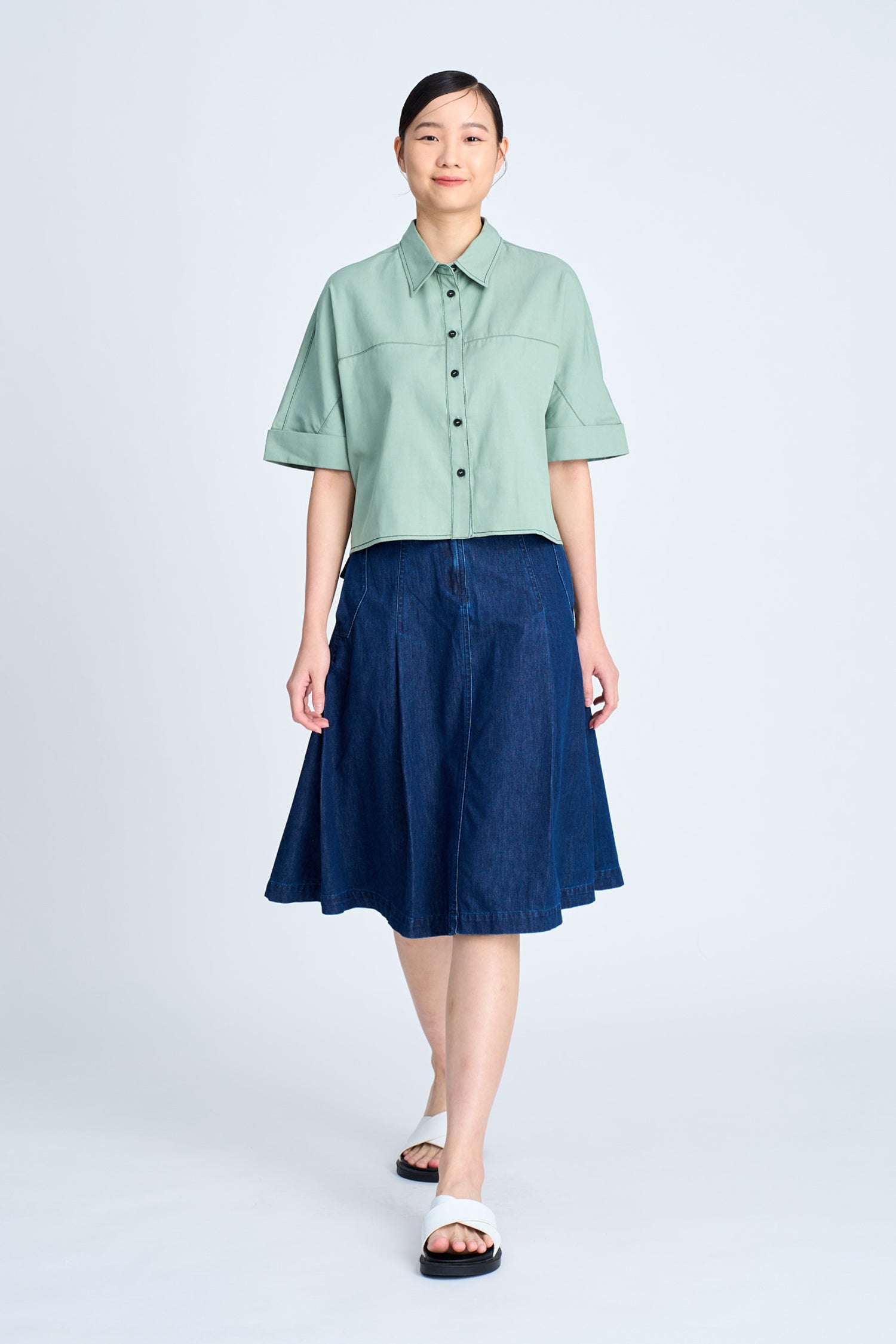 Denim Buckle Pleated Skirt - Dark Denim