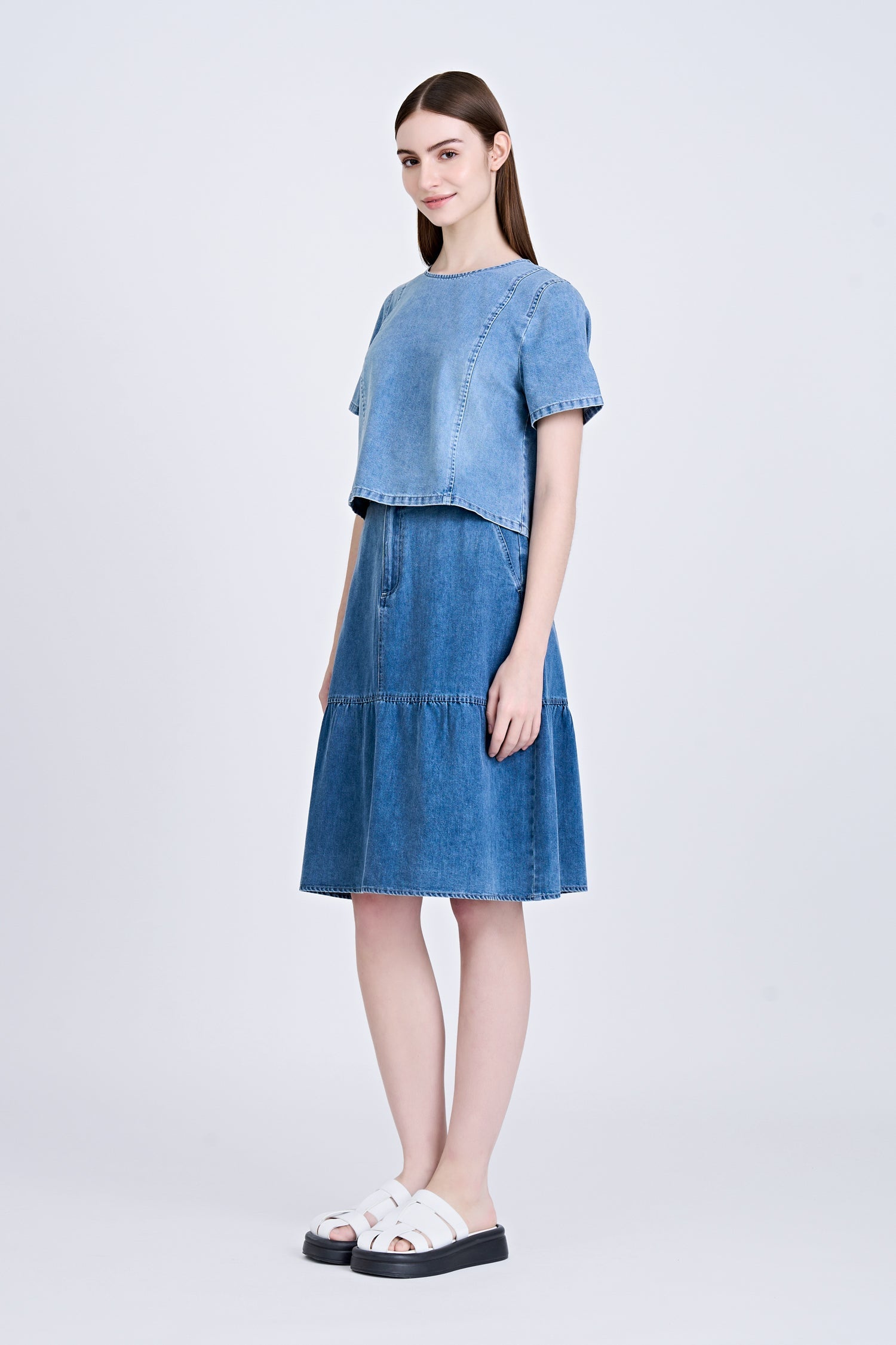 Denim Ruffle Hem Skirt - Denim