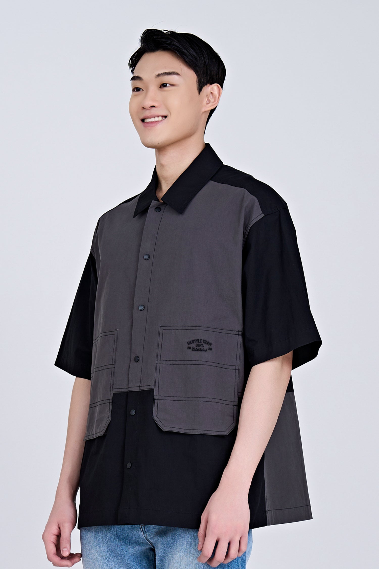 Patch Pocket Colour Block Shirt - Black