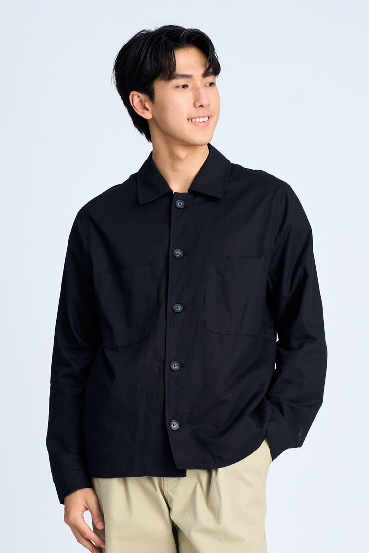 Double Pocket Cotton Linen Shirt - Black