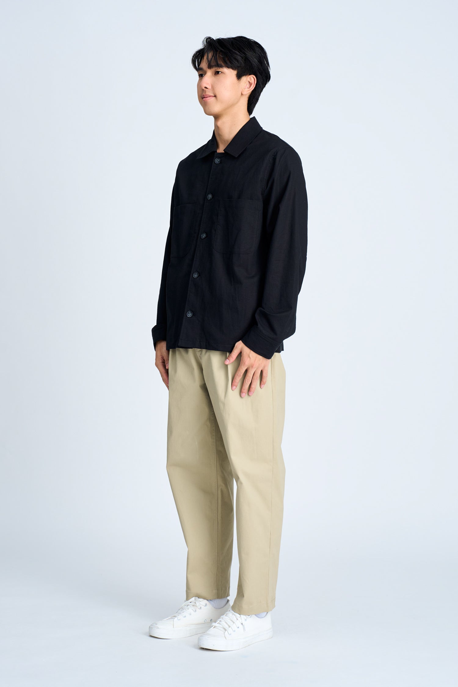 Double Pocket Cotton Linen Shirt - Black