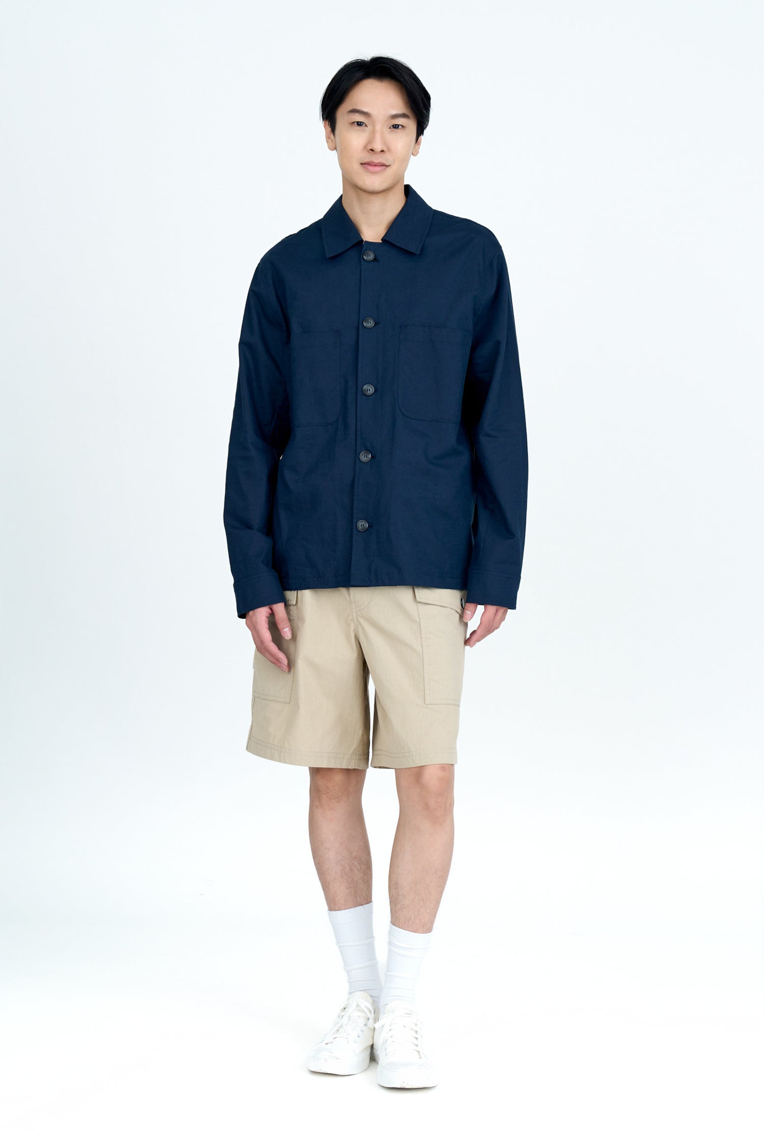 Double Pocket Cotton Linen Shirt - Navy