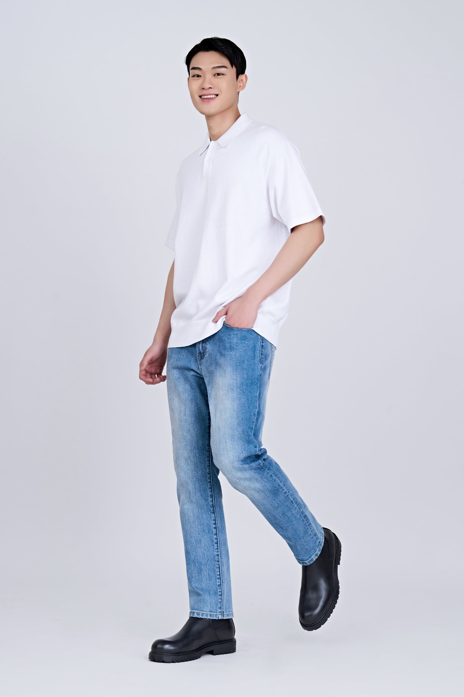 Straight Cut Jeans with Faded Wash - Denim