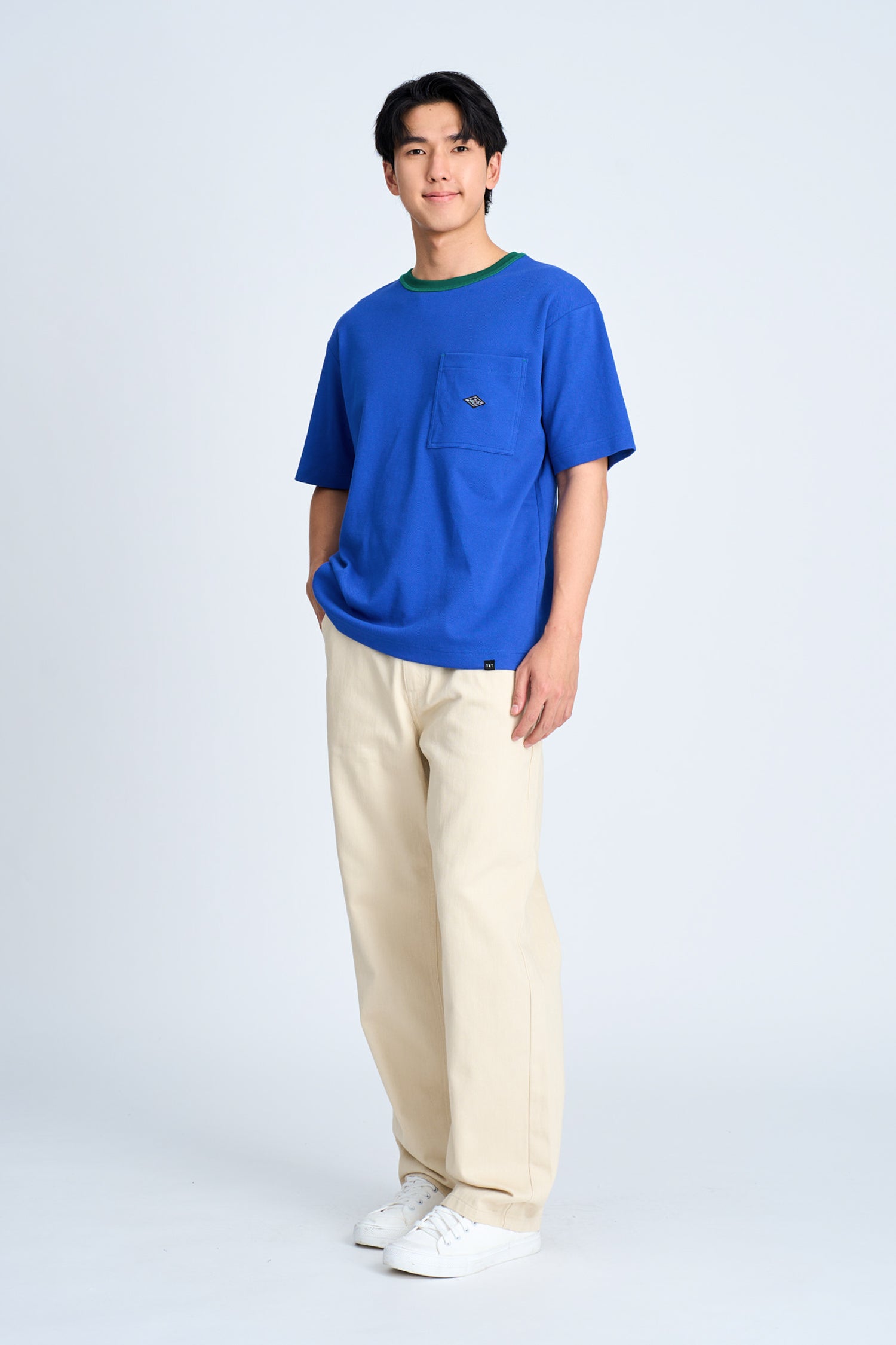 (B) Boxy Twill Jersey Contrast Collar Tee - Peacock Blue