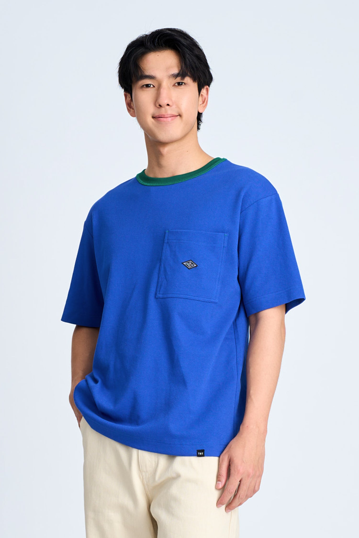 (B) Boxy Twill Jersey Contrast Collar Tee - Peacock Blue