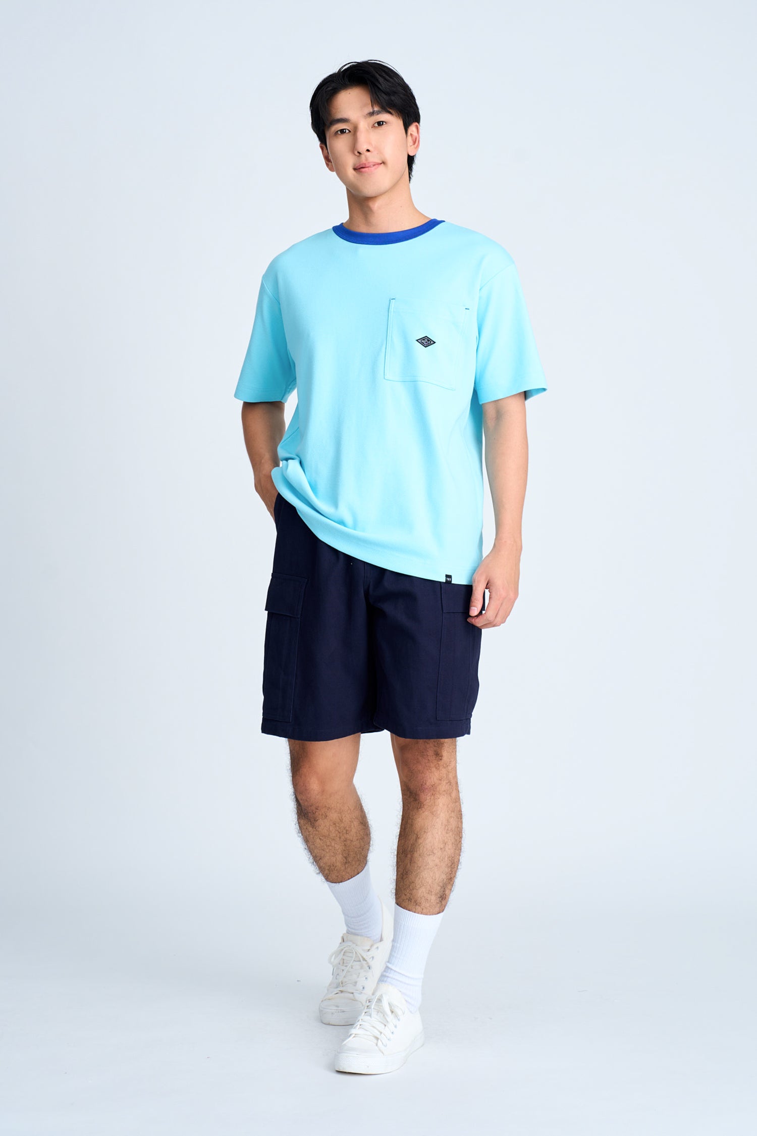 (B) Boxy Twill Jersey Contrast Collar Tee - Sky Blue