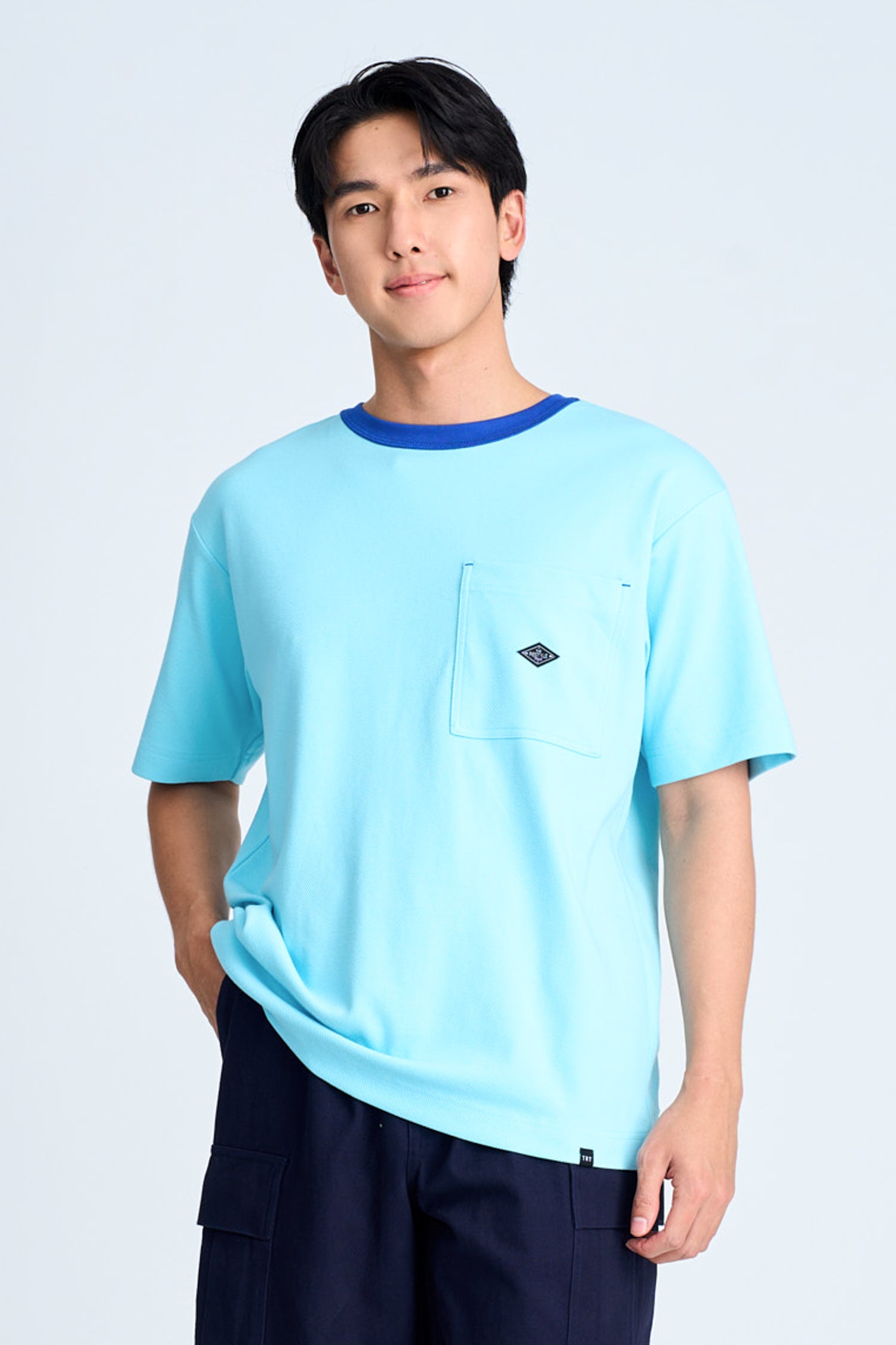 (B) Boxy Twill Jersey Contrast Collar Tee - Sky Blue