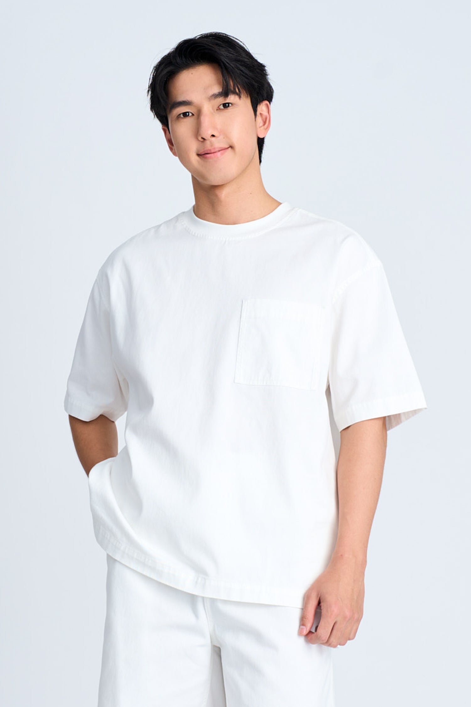 Denim Oversized Patch Pocket Tee - White