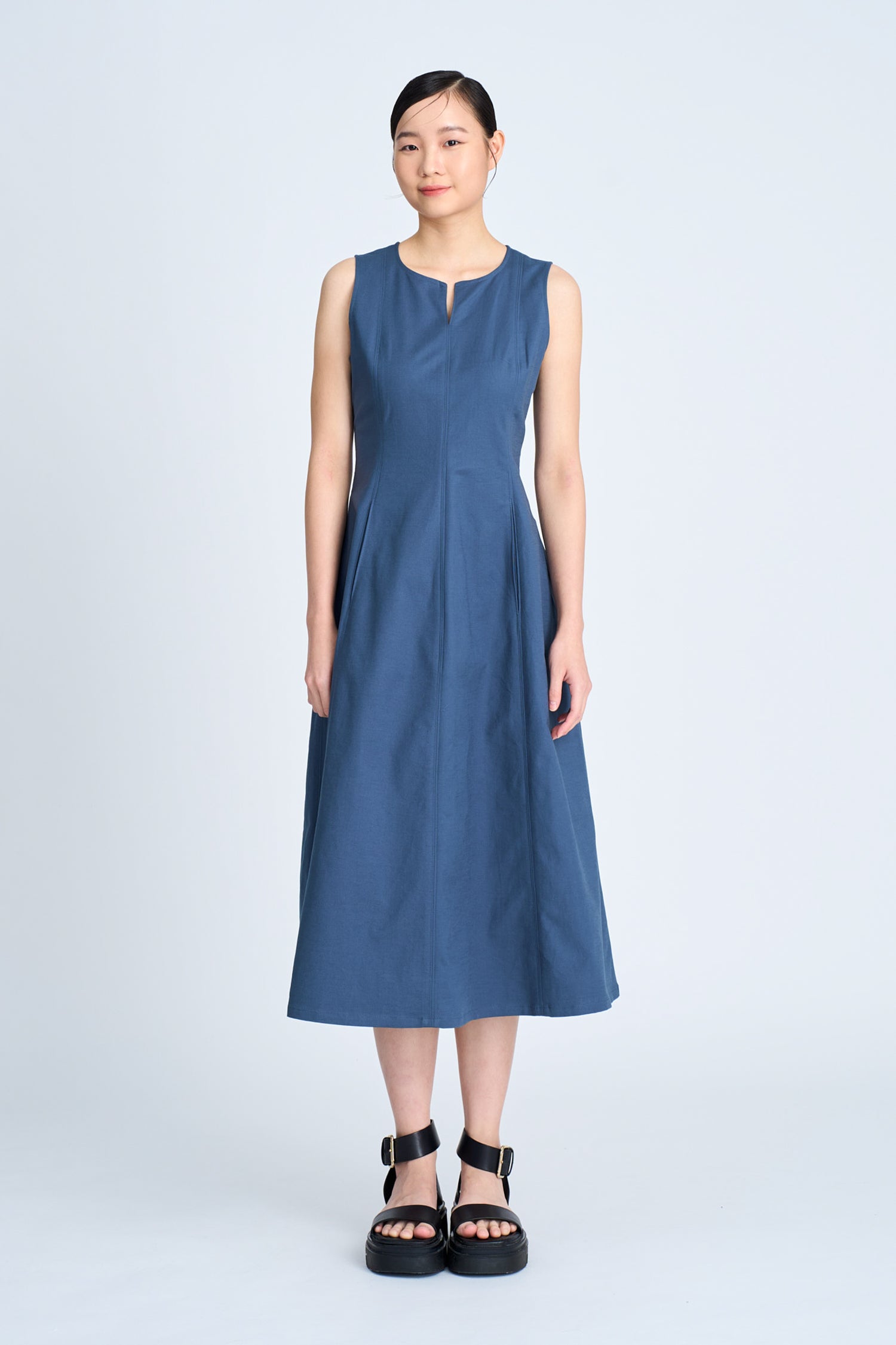 Cotton Elastane Sleeveless Dress - Denim Blue