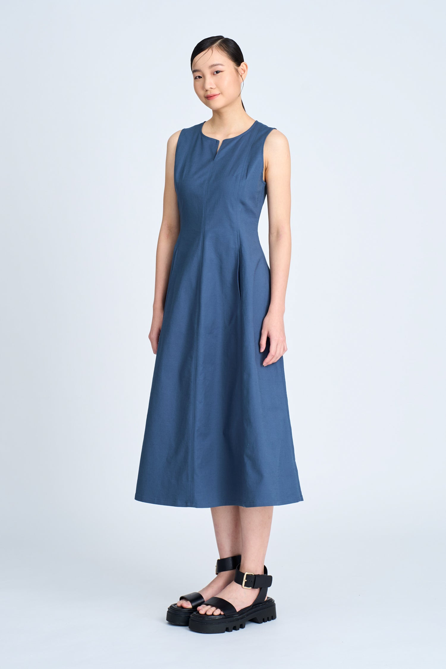 Cotton Elastane Sleeveless Dress - Denim Blue